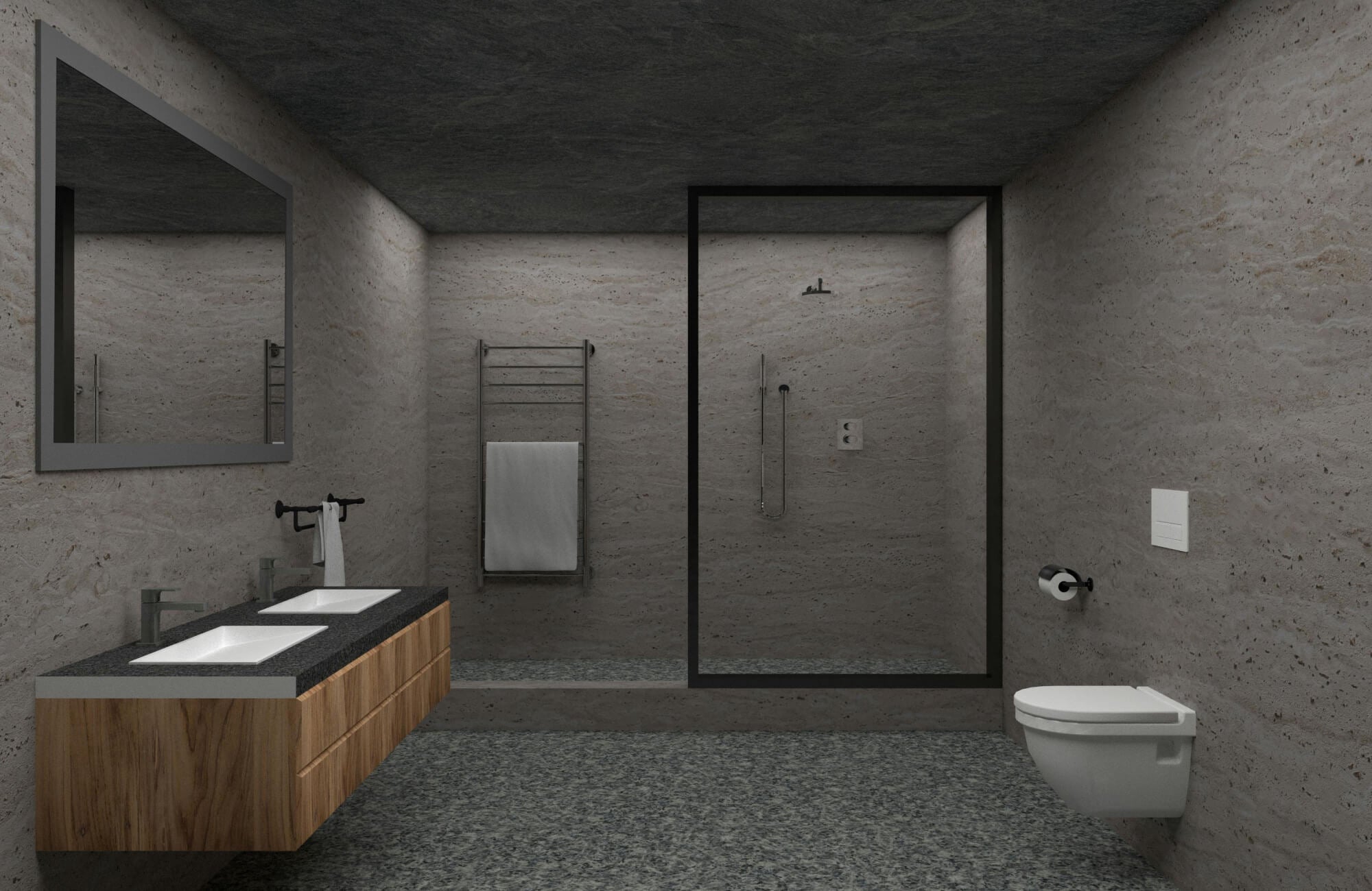 Modern bathroom with a wall-mounted vanity, double sinks, and minimalist fixtures in a gray stone interior.