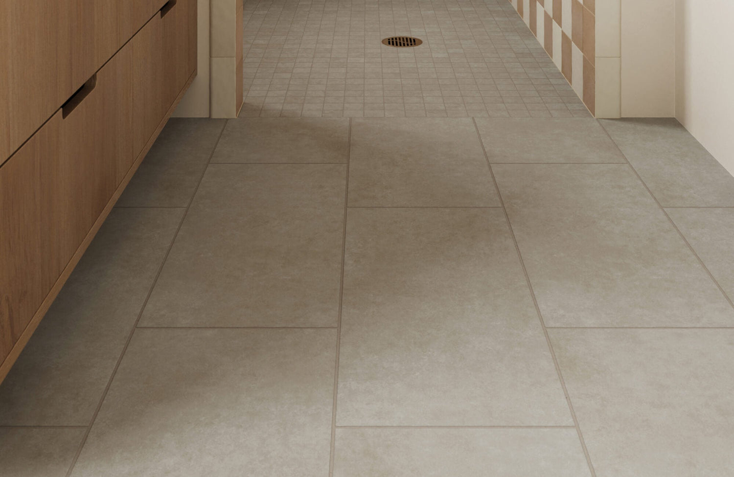 Warm taupe porcelain floor tiles with a subtle concrete look, adding sleek, contemporary style to a spa-inspired bathroom setting.