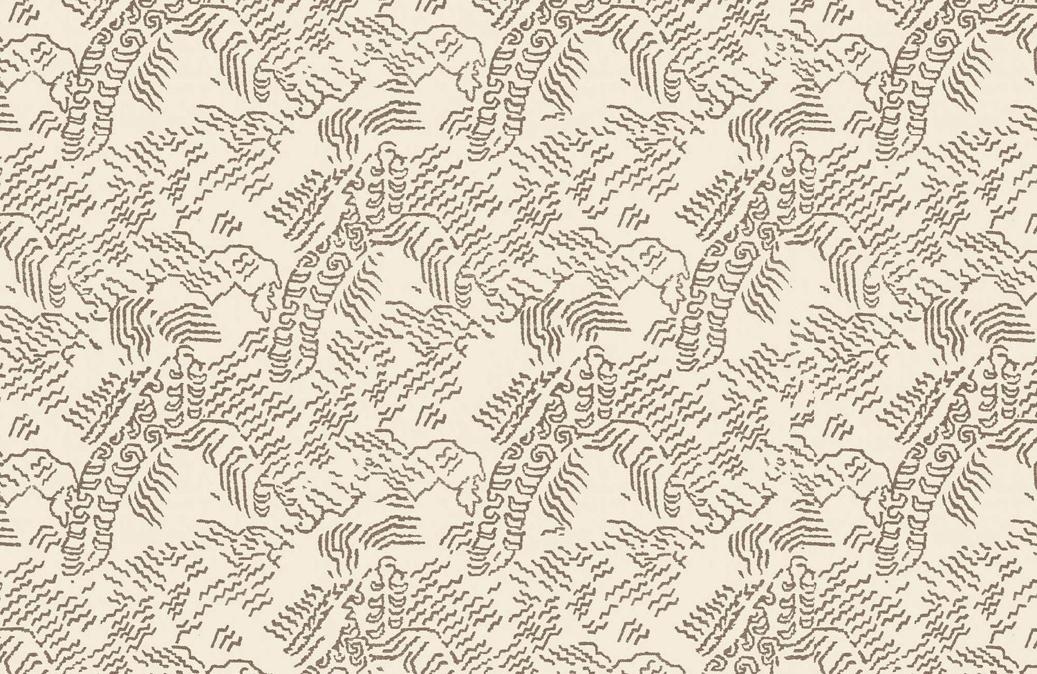 Modern wallpaper with an abstract animal and geometric line pattern in taupe over a warm cream background, creating a hand-drawn textured design.