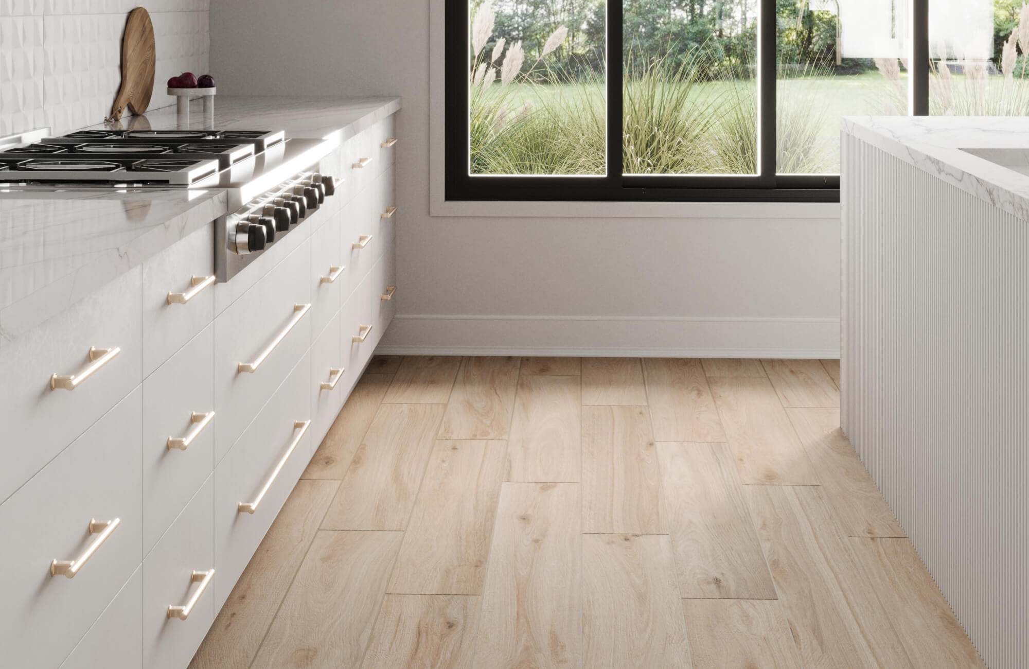 Sleek modern kitchen with natural wood look floor tiles laid in a staggered pattern near a large window and white cabinetry.