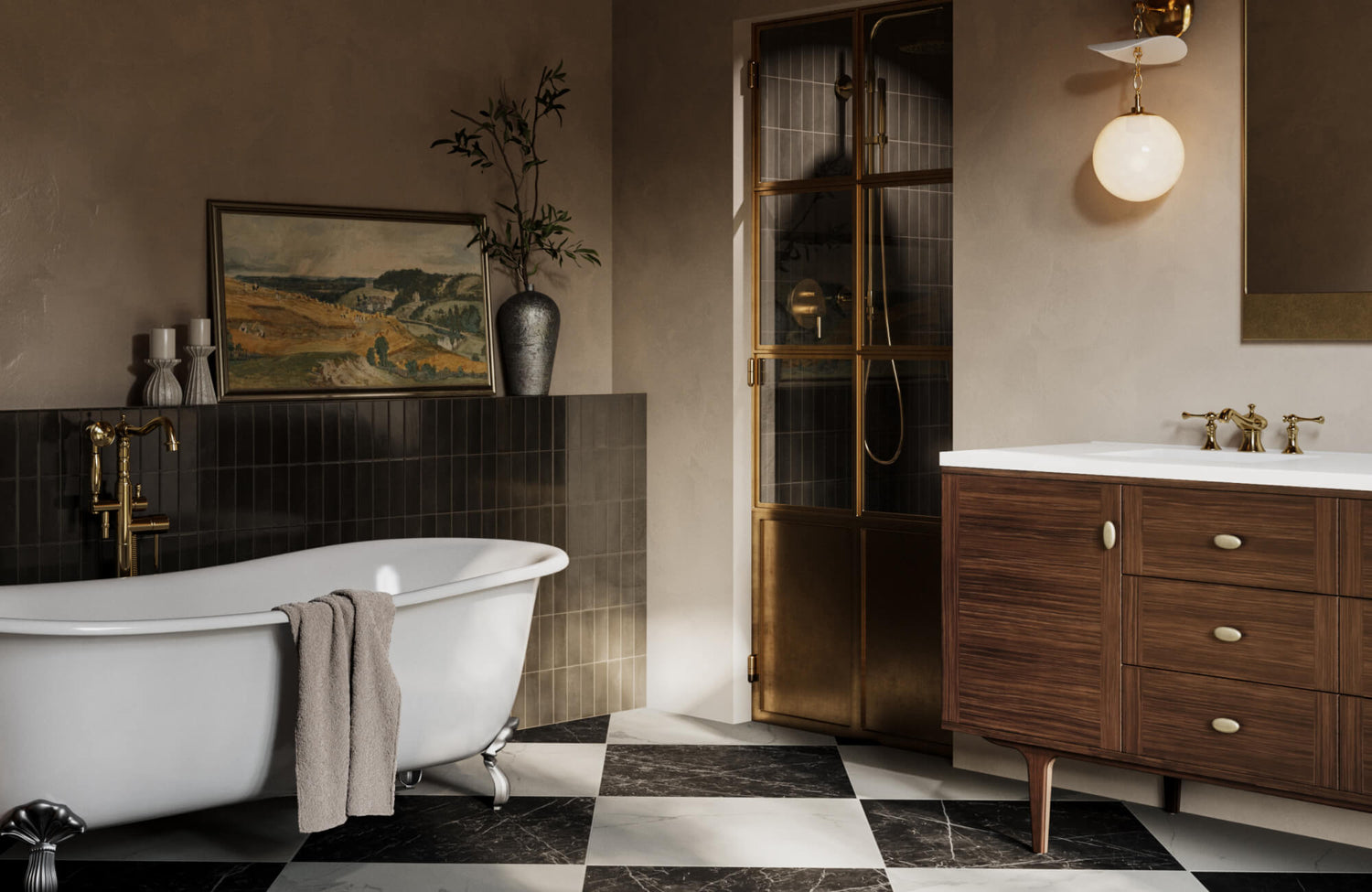 Elegant bathroom with clawfoot tub, vintage-style wood vanity, brass fixtures, checkered marble flooring, and a framed landscape painting.