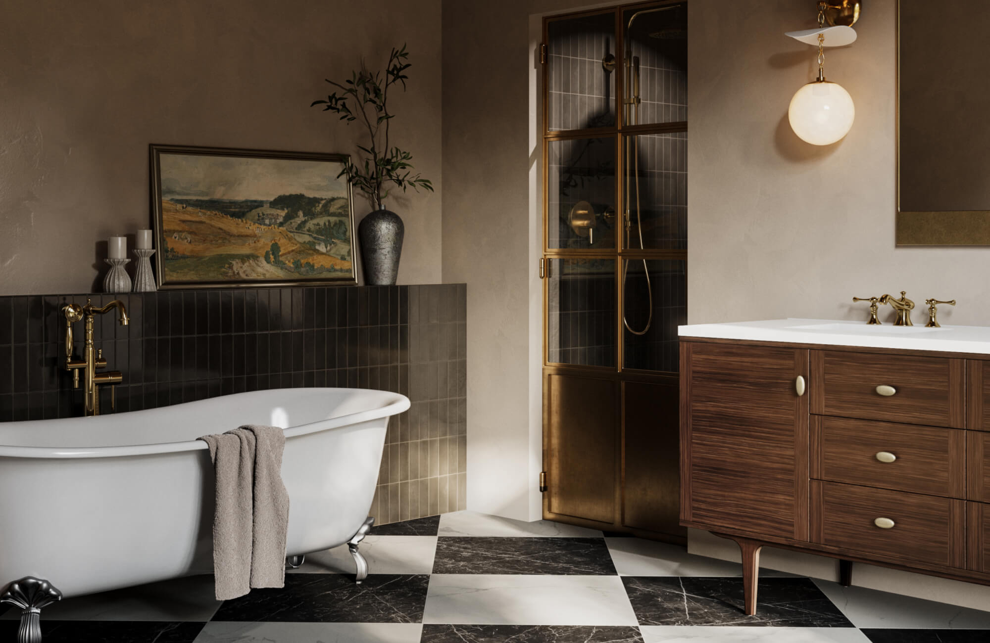 Elegant bathroom with clawfoot tub, vintage-style wood vanity, brass fixtures, checkered marble flooring, and a framed landscape painting.