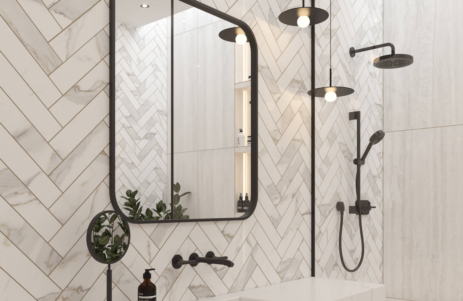 Herringbone-patterned marble look subway tiles create an elegant, contemporary backdrop in a modern bathroom with black fixtures and minimalist lighting.