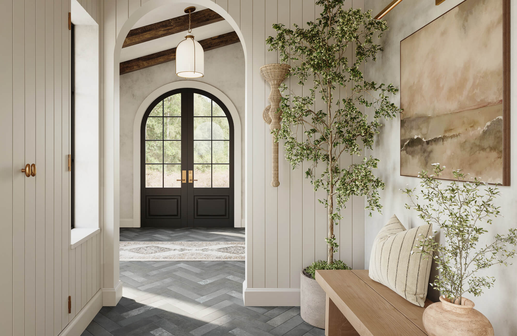 Bright hallway with large black double doors, light walls, and a herringbone tile floor that reflects natural light for an inviting entryway.