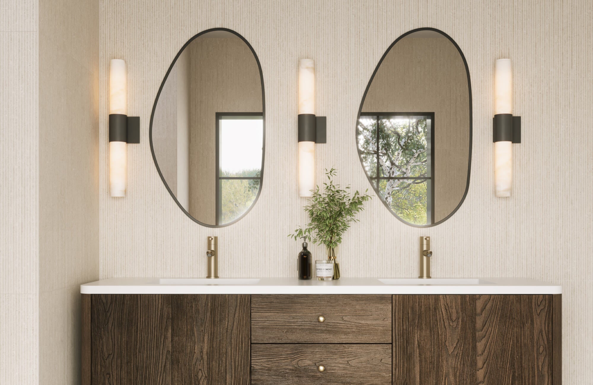 Double vanity with asymmetrical mirrors, alabaster sconces, and rich wood cabinetry against a textured wall.