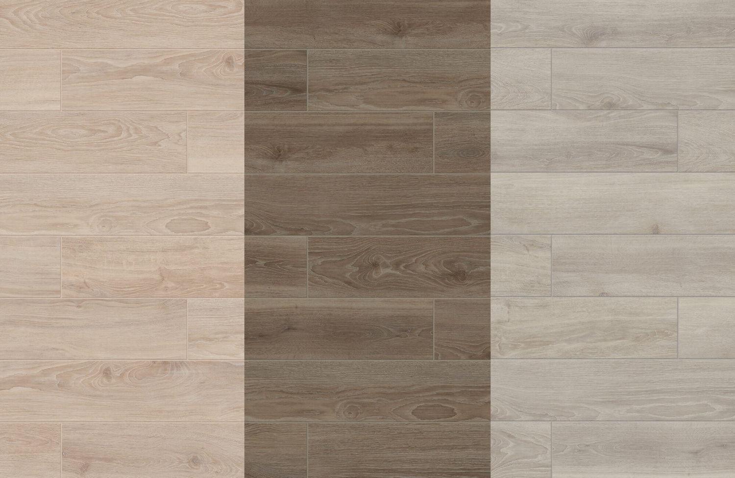 Comparison of beige, taupe, and brown wood look tiles, showcasing natural grain textures and versatile tones for various room styles.