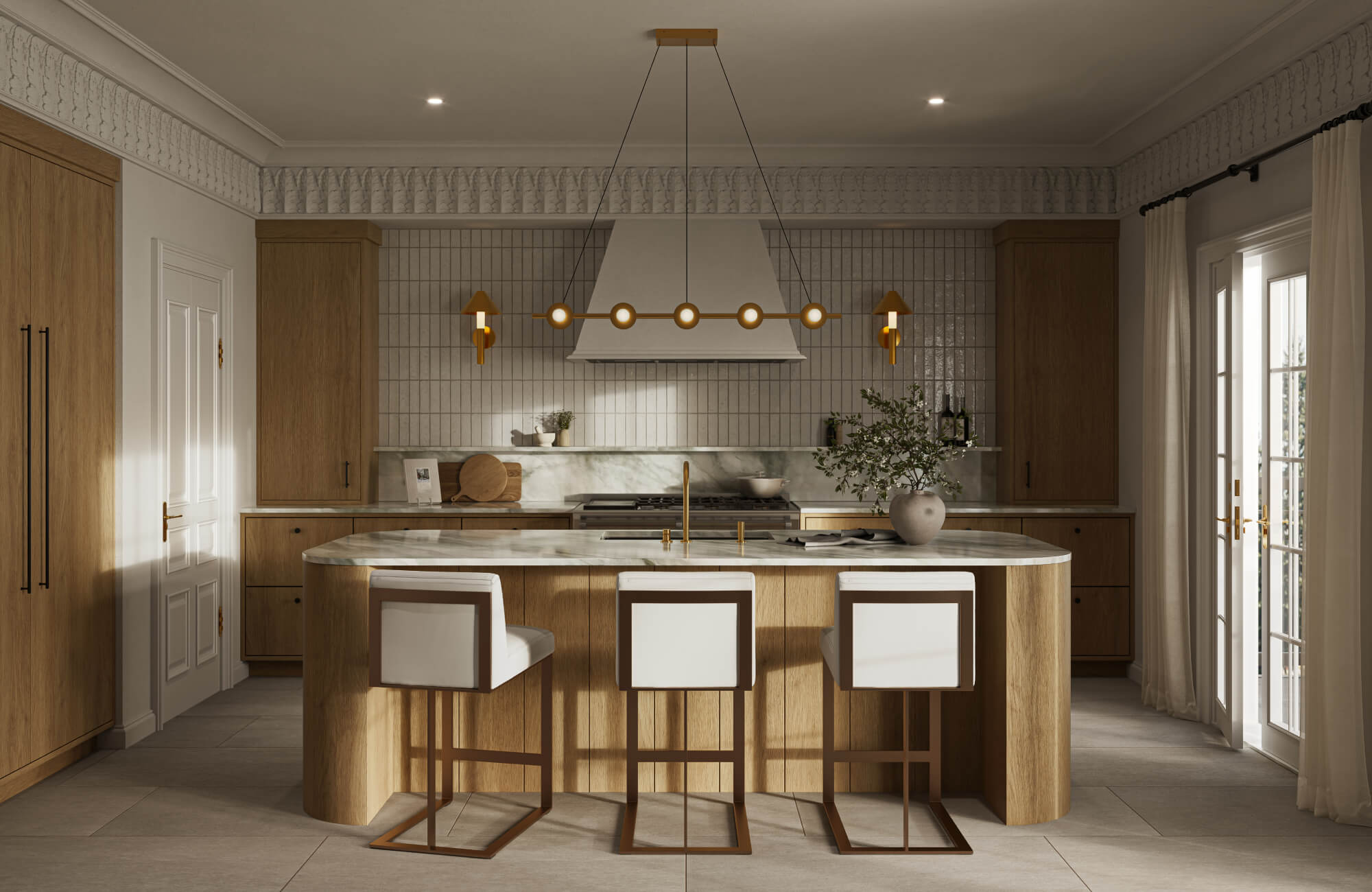 Warm contemporary kitchen with fluted wood island, marble countertops, vertical tile backsplash, and sculptural brass lighting.