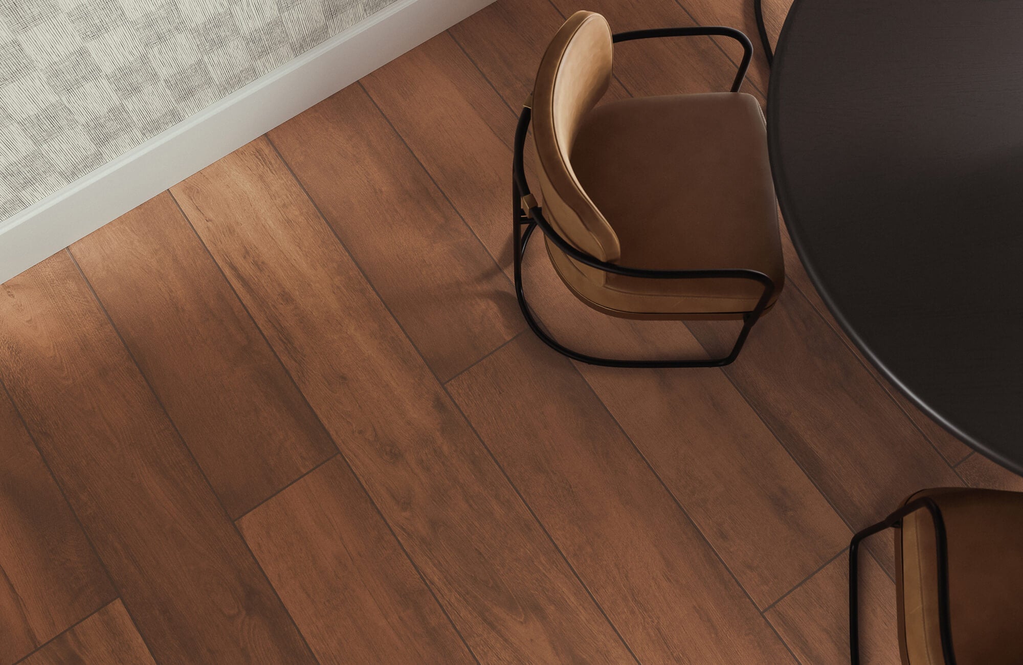 Warm espresso wood-look tile with matte finish, showing consistent grain and soft, low-sheen surface detail.