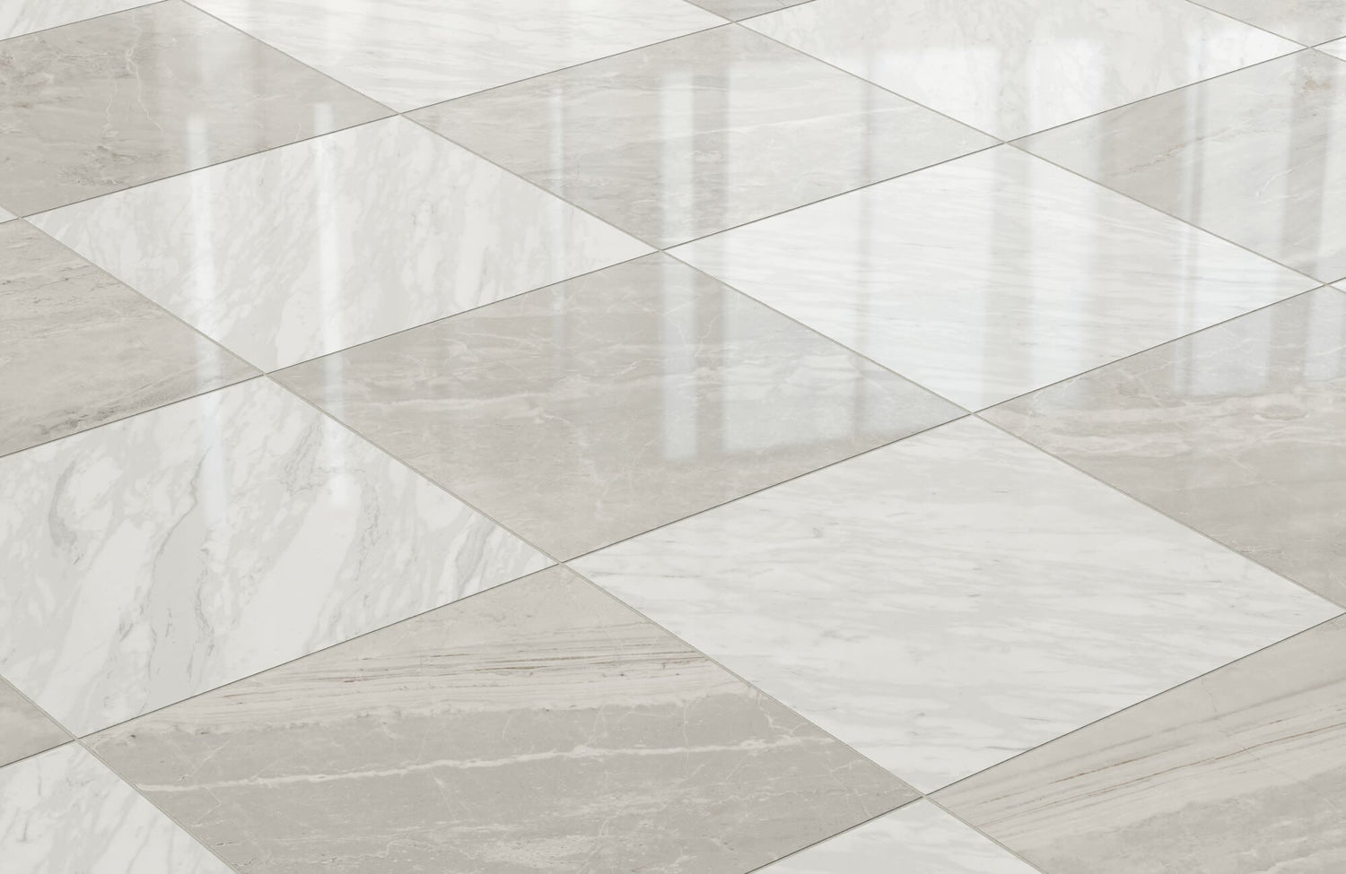 Polished marble-look tiles in a checkerboard layout of soft white and warm greige, showcasing natural veining and elegant gloss.
