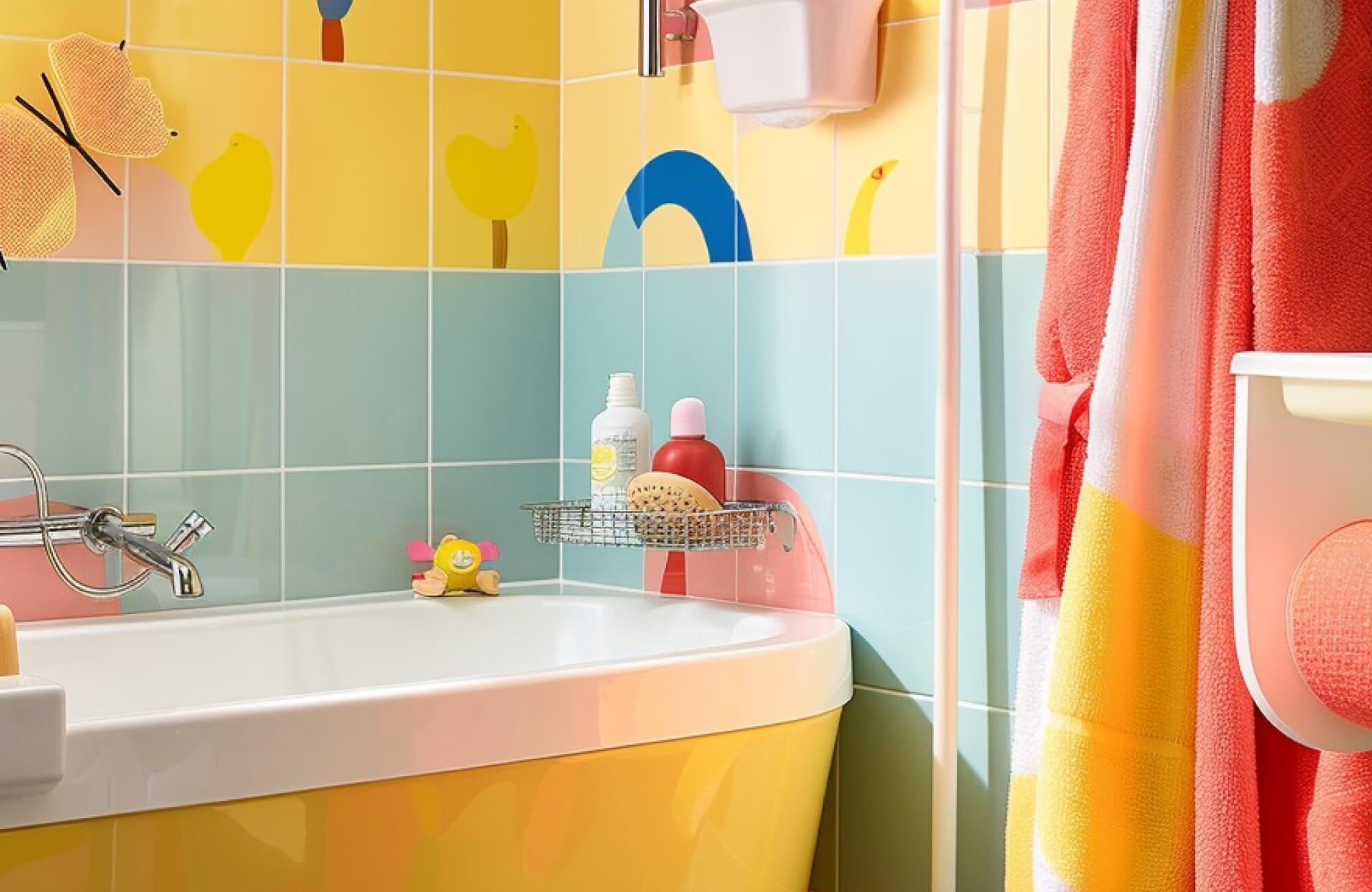 Colorful bathroom featuring playful tiles with bold yellow, blue, and pink designs, creating a cheerful and kid-friendly vibe.