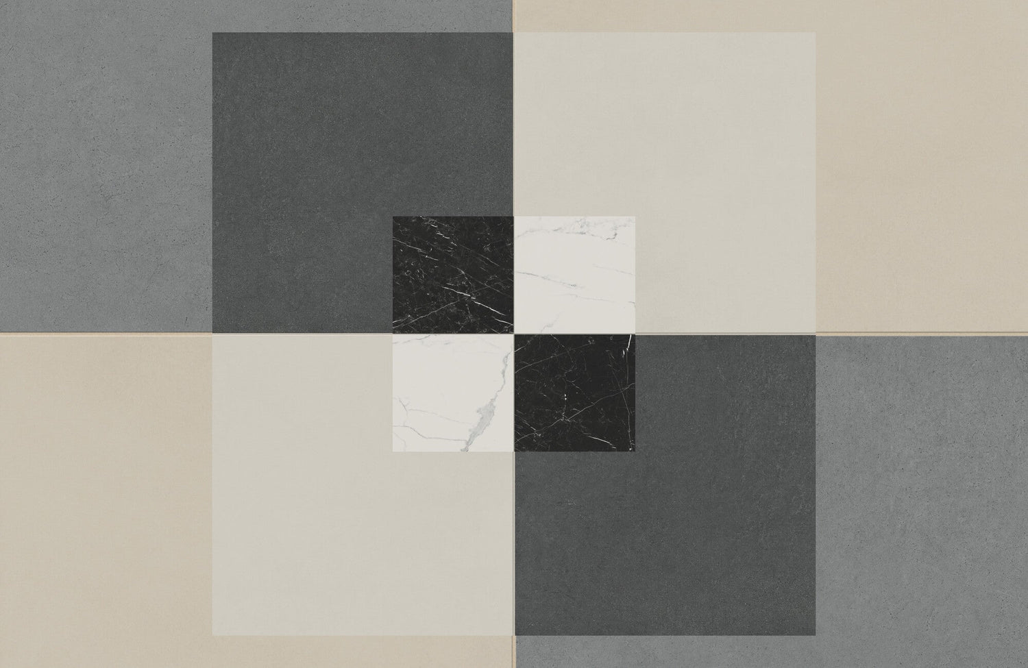 Checkerboard tile floor layout showcasing large, medium, and small tiles in matte finishes for layered visual depth.