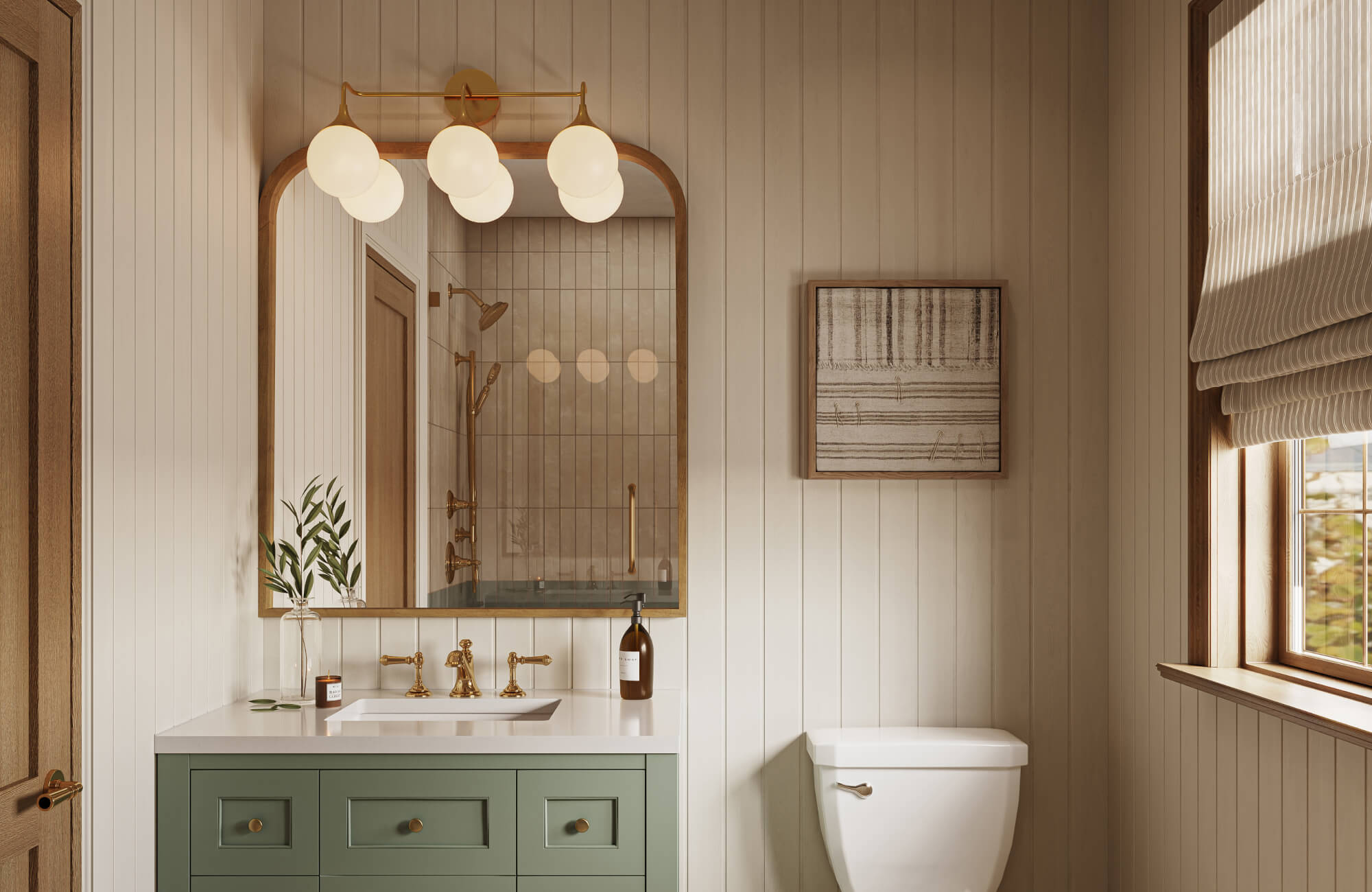 Warm, inviting bathroom with sage green vanity, arched mirror, and globe vanity light against vertical shiplap paneling.