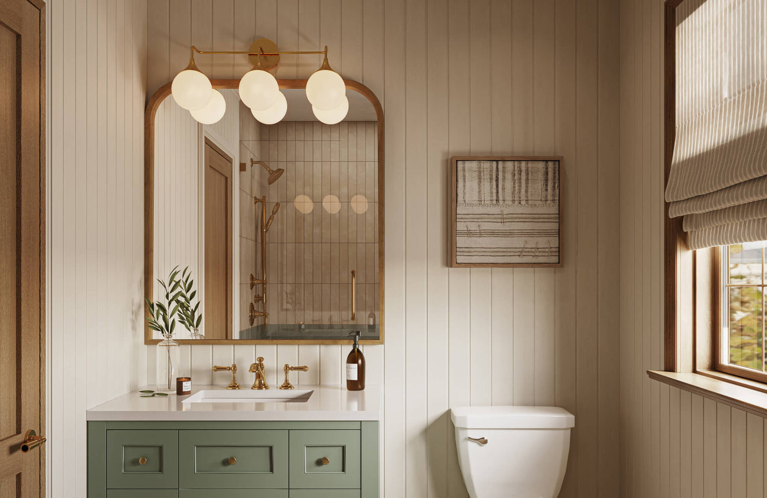 Warm, inviting bathroom with sage green vanity, arched mirror, and globe vanity light against vertical shiplap paneling.