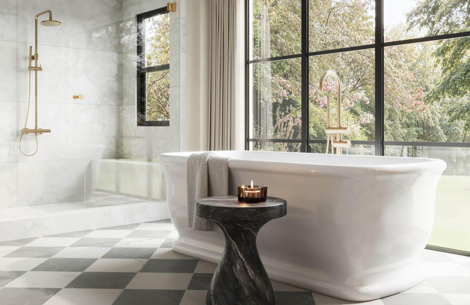 Bright bathroom with white tub, marble shower, and gray checkered floor tiles, showcasing a timeless neutral palette with natural light.