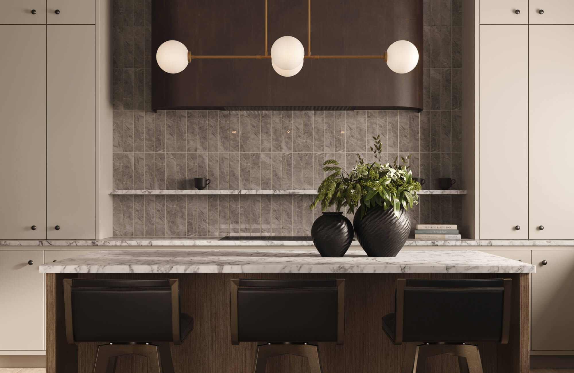 Gray vertical wall tile backsplash behind a kitchen island, paired with marble counters and warm cabinetry for a clean look that transitions easily into bathrooms.