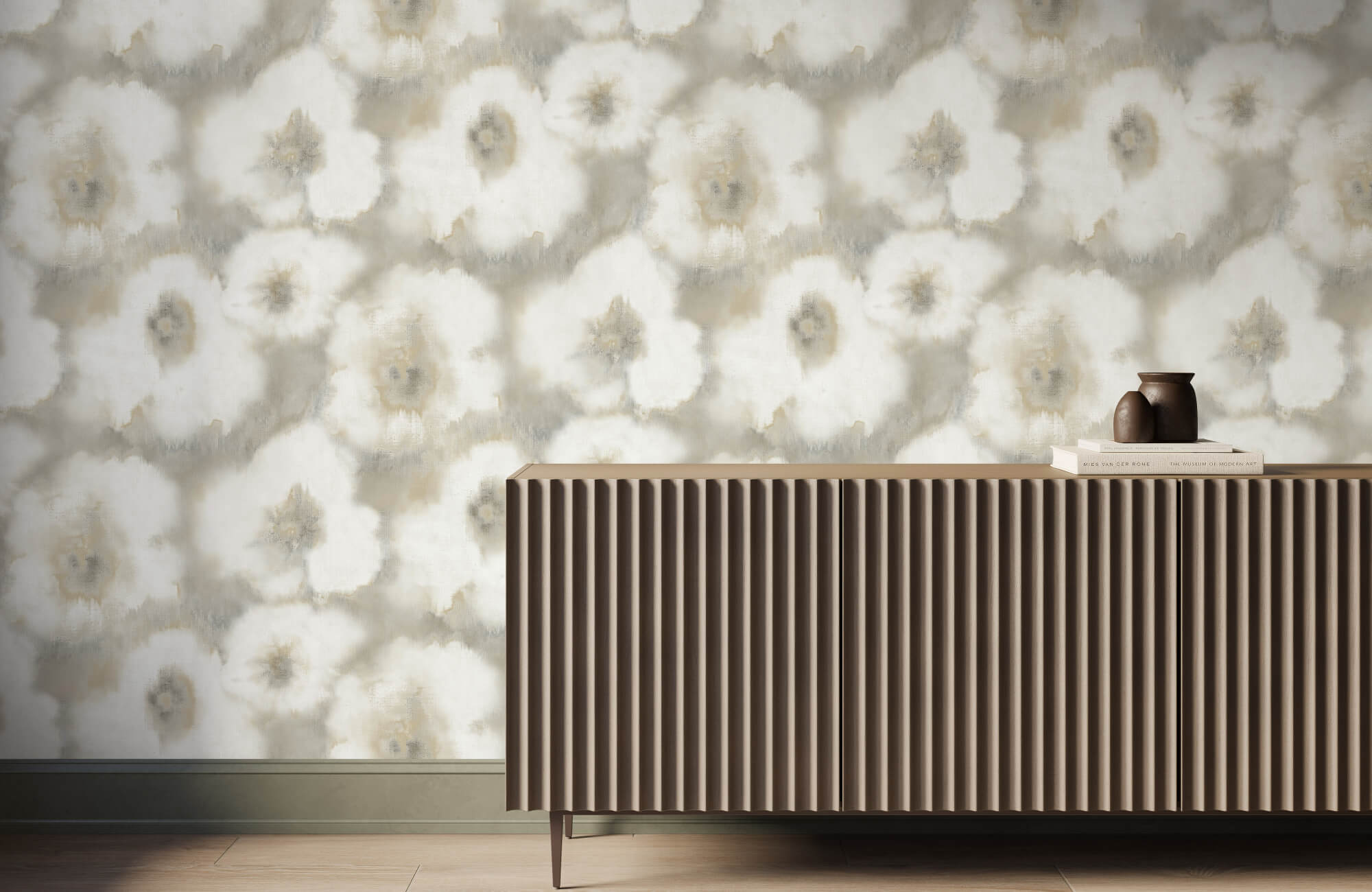Watercolor-inspired floral wallpaper in soft white and beige tones brings a calm, child-friendly look that stays easy to update over time.