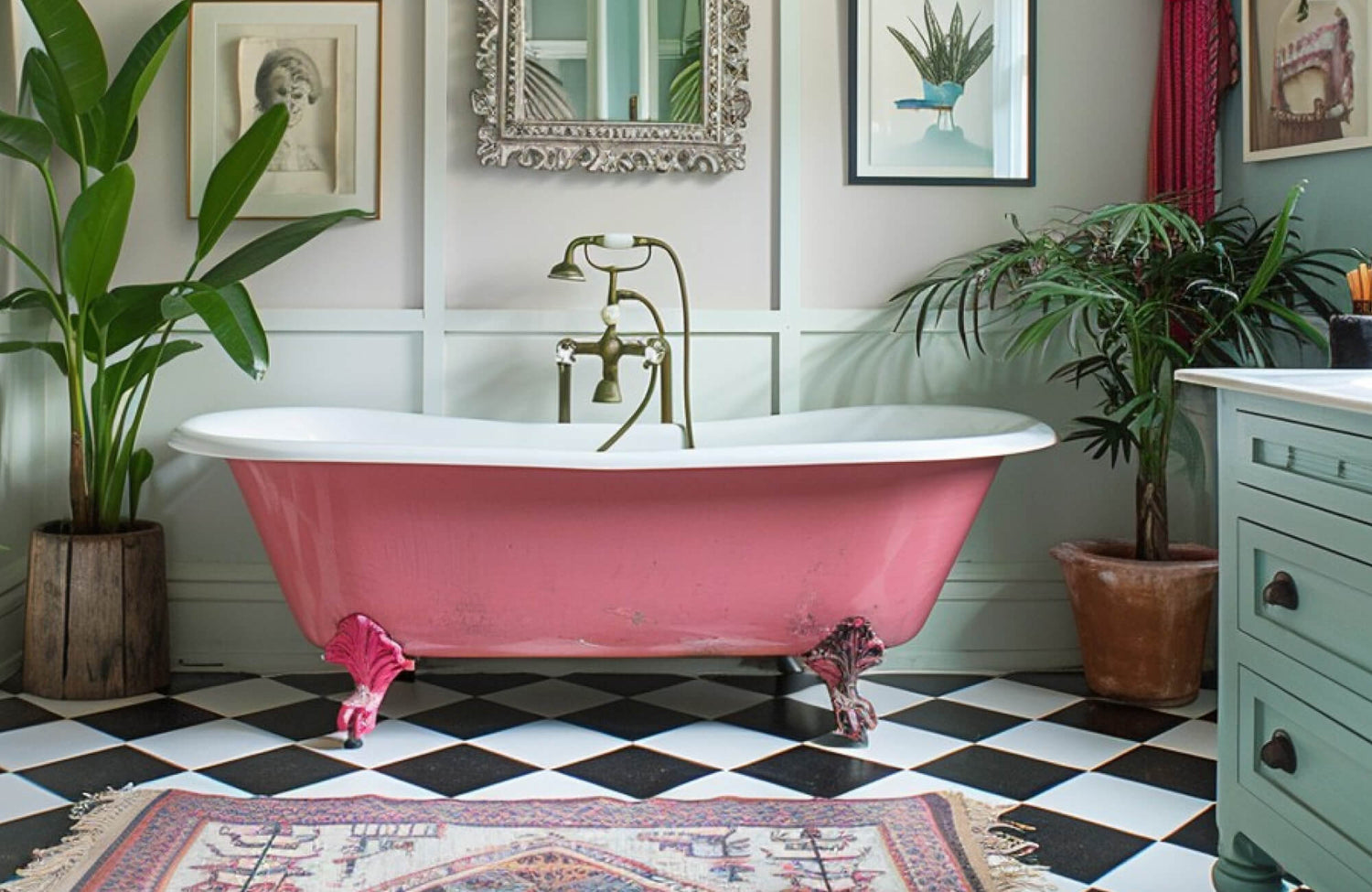 A vintage-style bathroom features bold black-and-white checkerboard tiles, a pink clawfoot tub, and lush green plants.