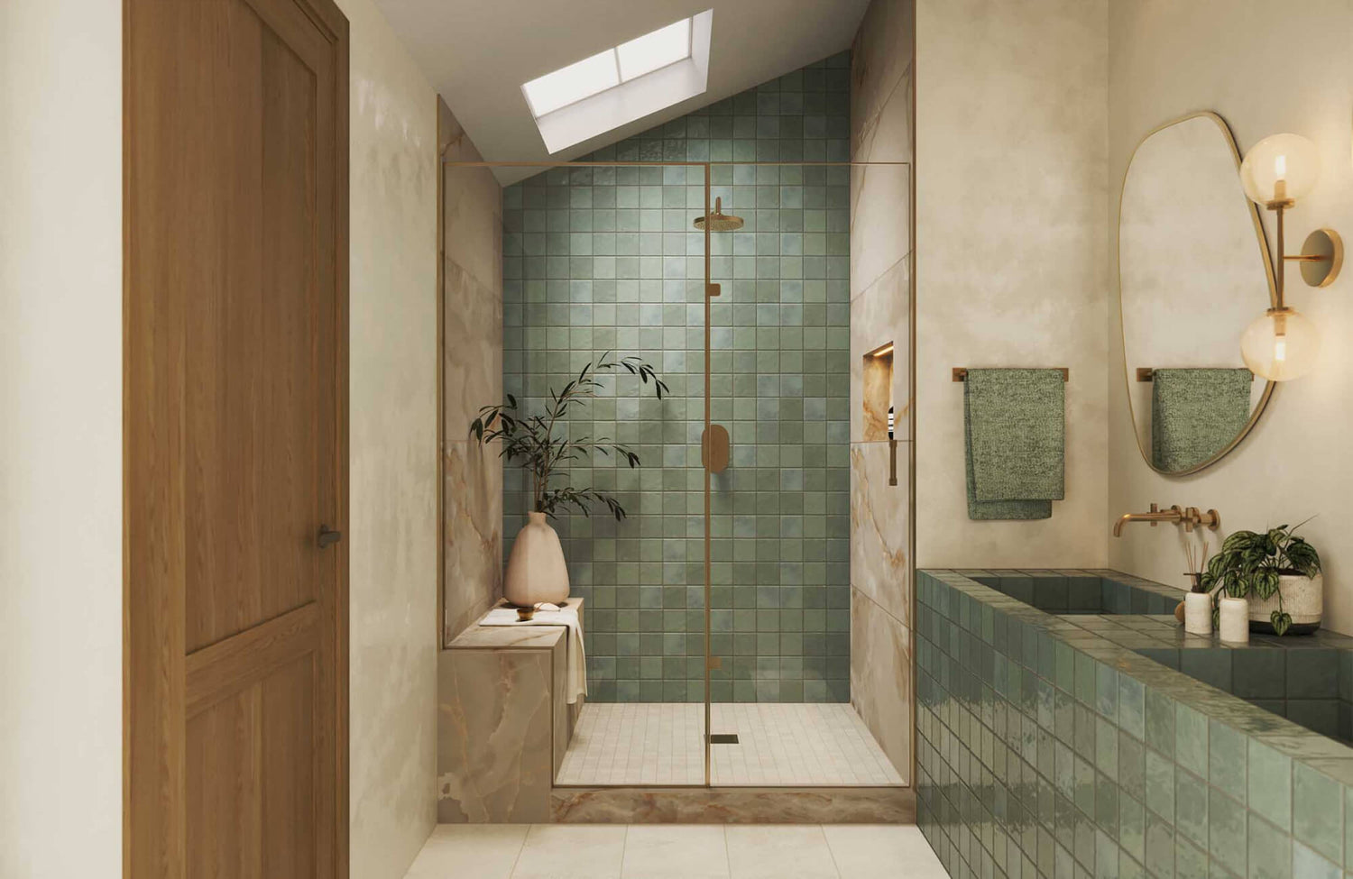 Soft green square shower tiles create a calming spa-like retreat with seamless, nature-inspired ambiance.