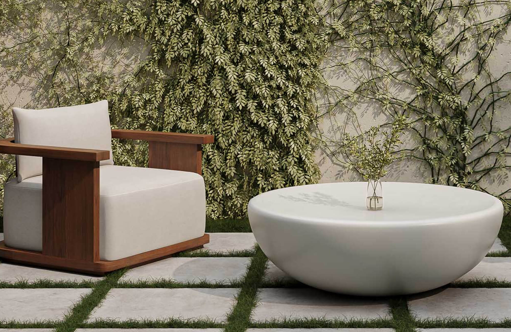 Modern outdoor lounge setting with a sculptural white coffee table, cushioned wooden armchair, and lush climbing greenery on a garden wall.