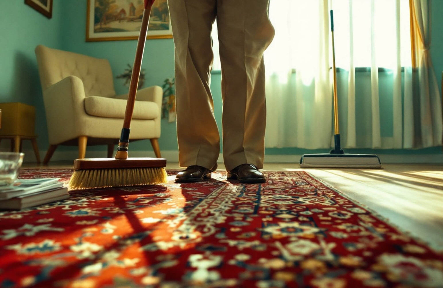 Person sweeping a patterned red rug in a sunlit living room with mid-century furniture and soft natural light.