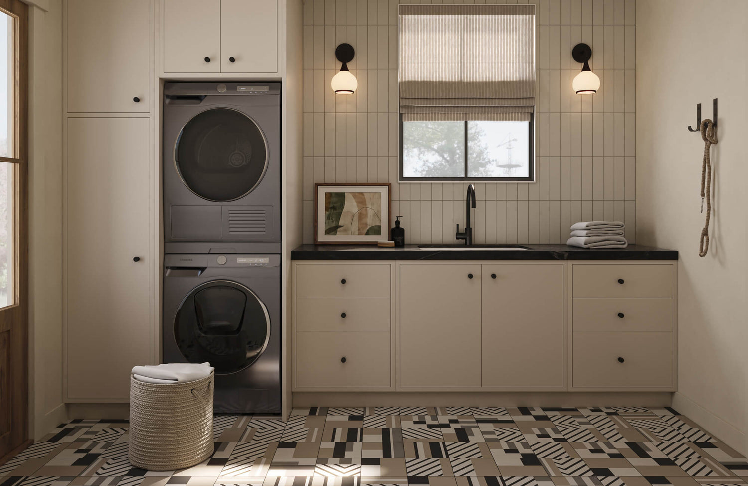 Stylish laundry room with stacked washer-dryer, vertical tile backsplash, black countertop, and bold geometric patterned flooring.