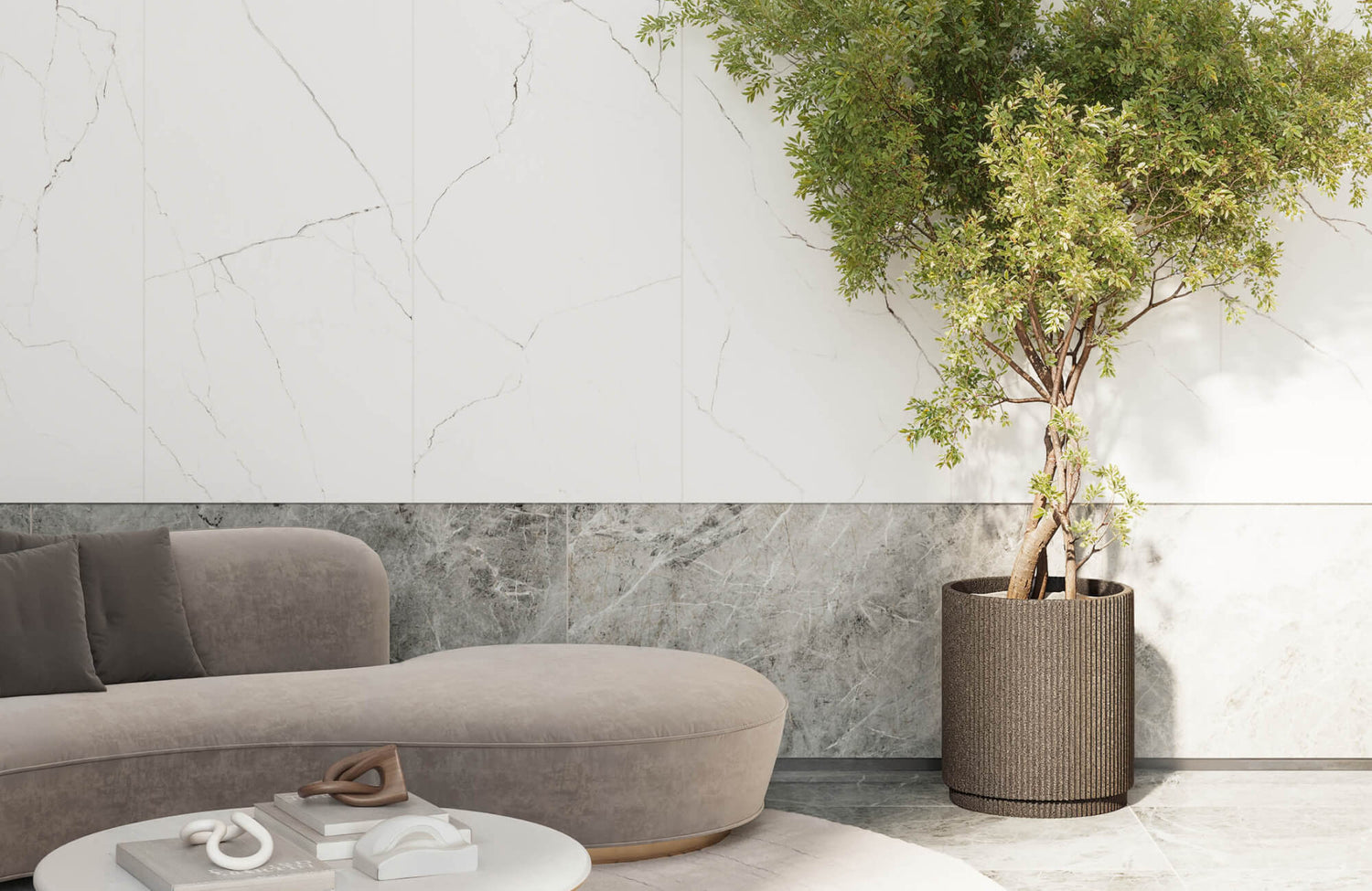 Modern living room with marble-look feature wall and layered stone accents behind curved sofa.