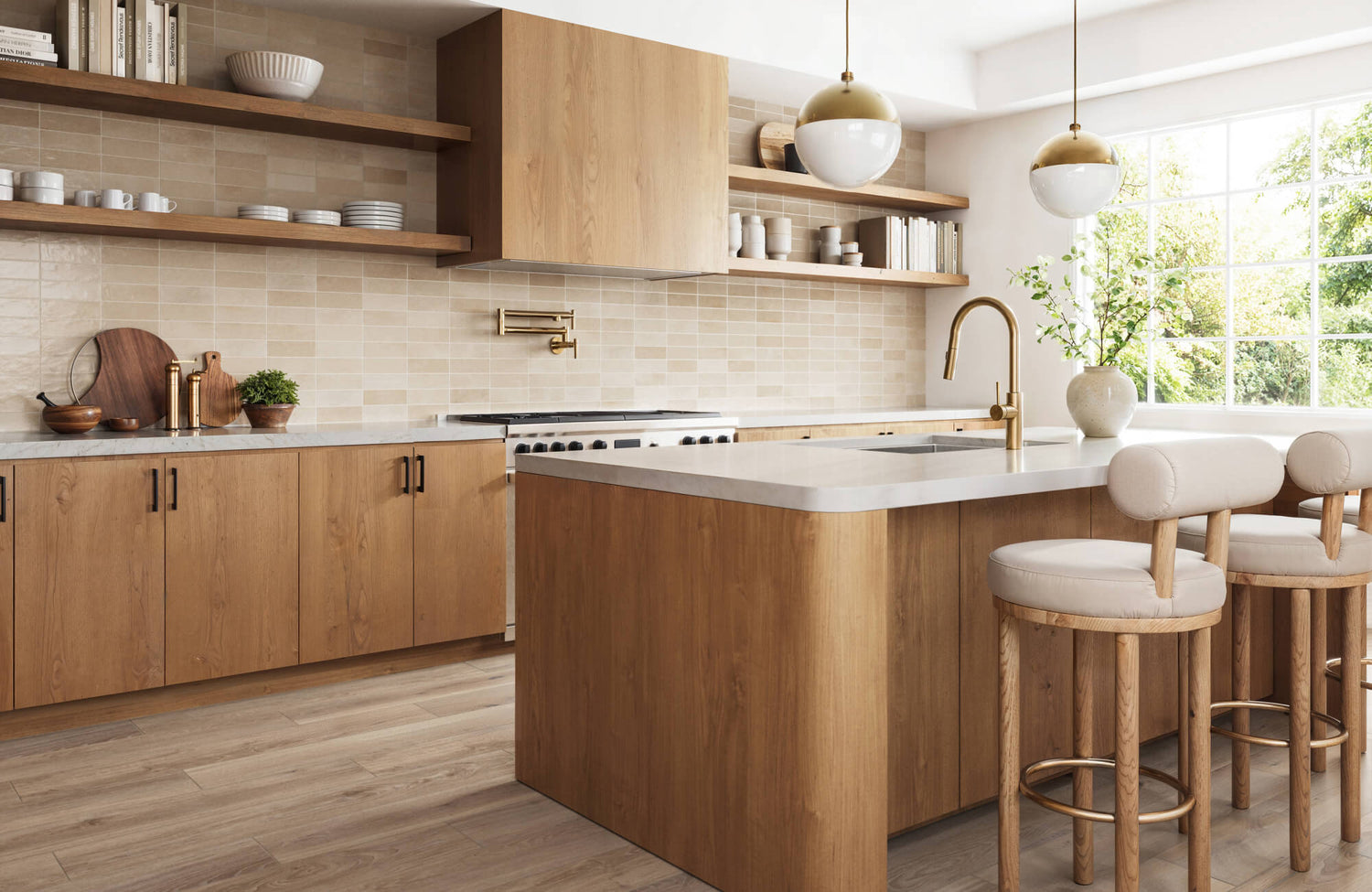 Warm-toned kitchen design featuring light wood finishes, open shelving, a curved-edge island, and soft neutral decor near a large sunlit window.
