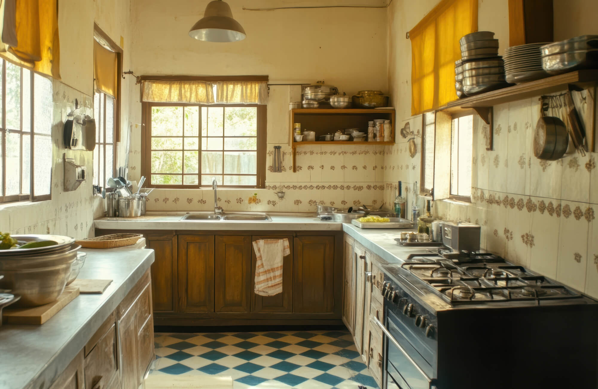 A rustic farmhouse kitchen with warm wood cabinetry, vintage decor, and blue-and-white checkerboard tile flooring adding classic charm.