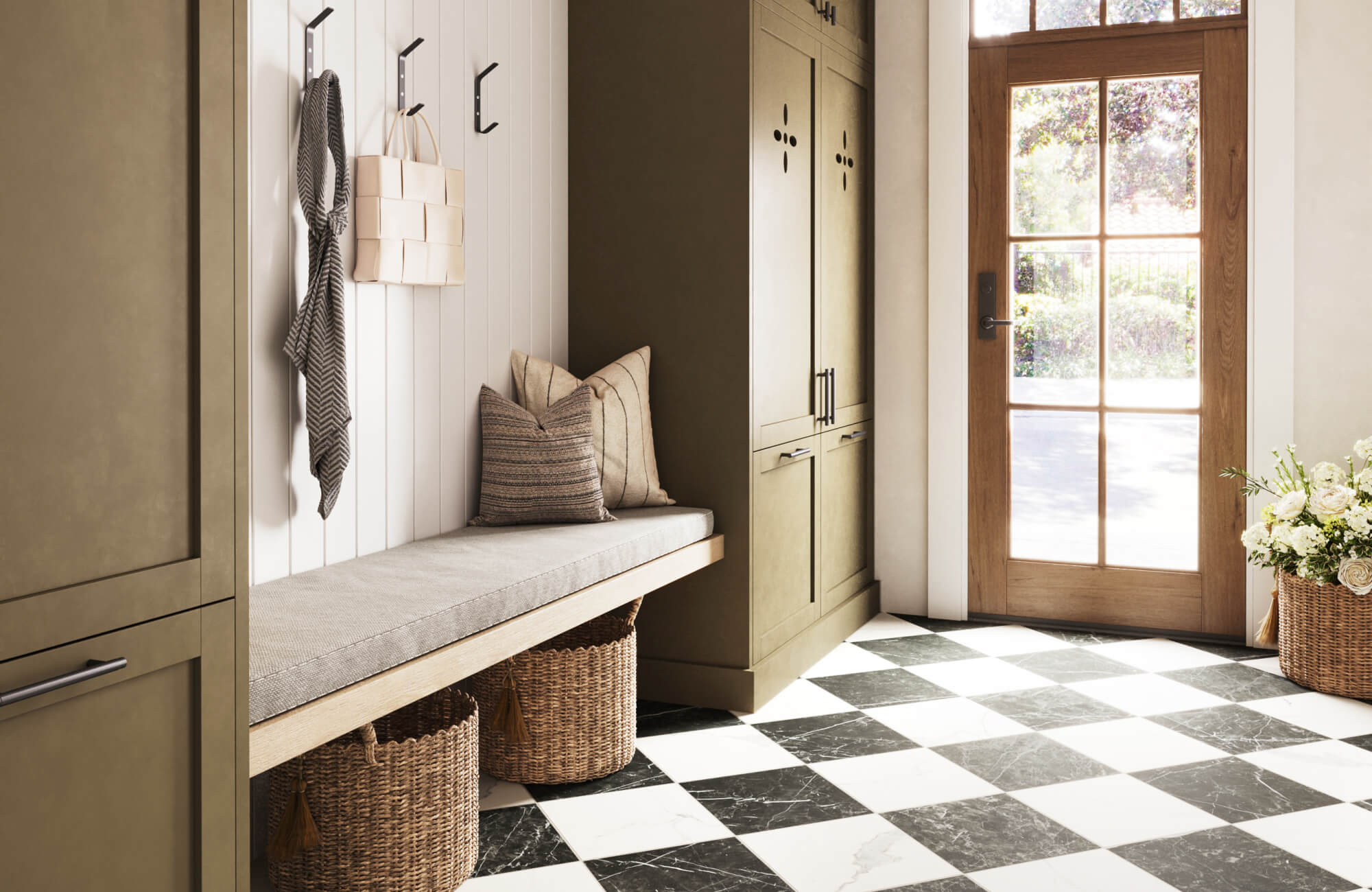 Elegant mudroom featuring checkered marble-look tiles, olive-toned cabinets, and a cozy bench with woven baskets.