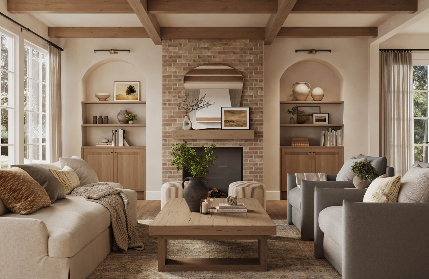 Cozy living room with a rustic brick fireplace, arched mirror, wood-beamed ceiling, and layered neutral textures for a warm, inviting feel.