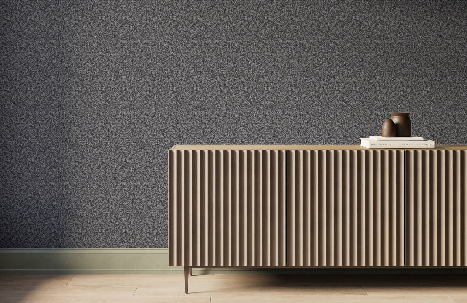 Elegant modern interior featuring textured black wallpaper with subtle botanical detailing, paired with a fluted taupe sideboard, warm wood accents, and minimalist décor for a refined luxury aesthetic.