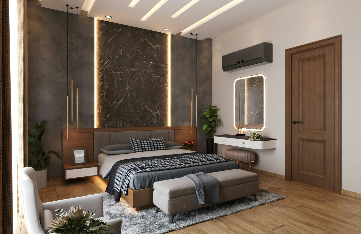 Modern bedroom with layered pillows, Euro shams, and accent lighting against a marble wall, creating a structured and inviting bed design.