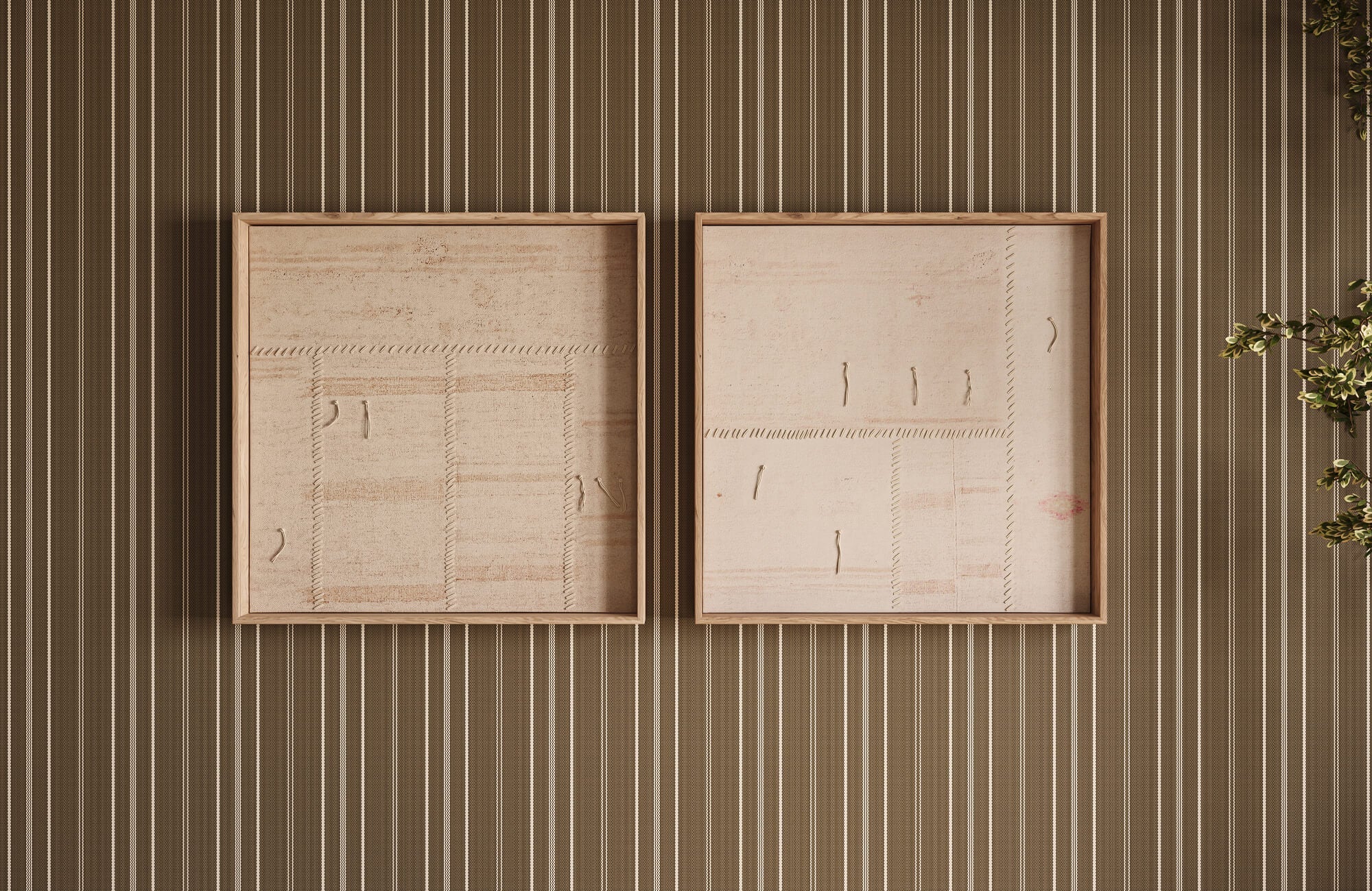 Framed minimalist wall art for rental homes on a brown striped wallpaper wall, offering a stylish and renter-friendly way to personalize a space.