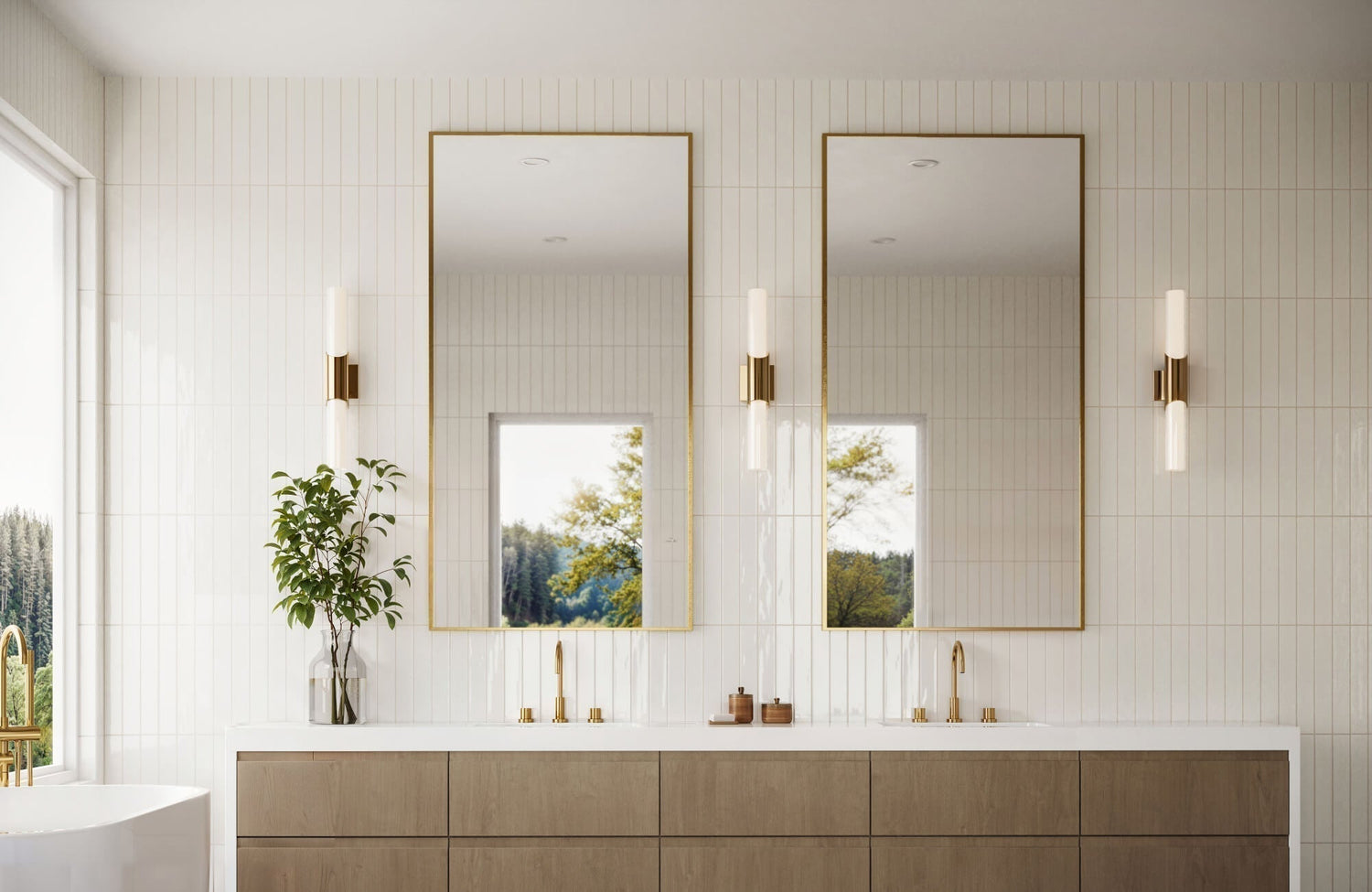 Minimalist bathroom featuring vertically stacked white subway tiles, creating a bright, airy ambiance with gold-accented mirrors and fixtures.