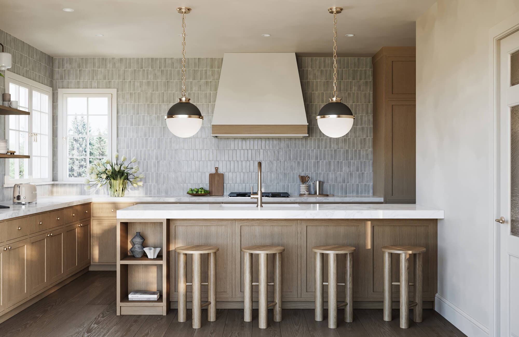 Modern kitchen with natural wood cabinetry, marble countertops, and pendant lights above a central island, featuring light gray vertical tile backsplash.