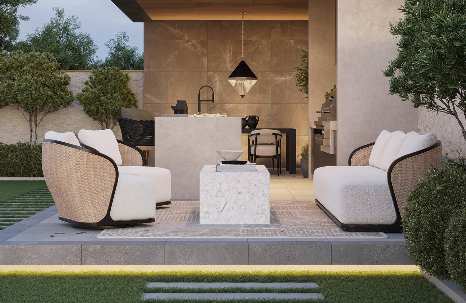 Cozy covered patio with cushioned lounge seating, soft lighting, and a central table, creating a warm outdoor living area that feels inviting and comfortable for relaxing or entertaining.