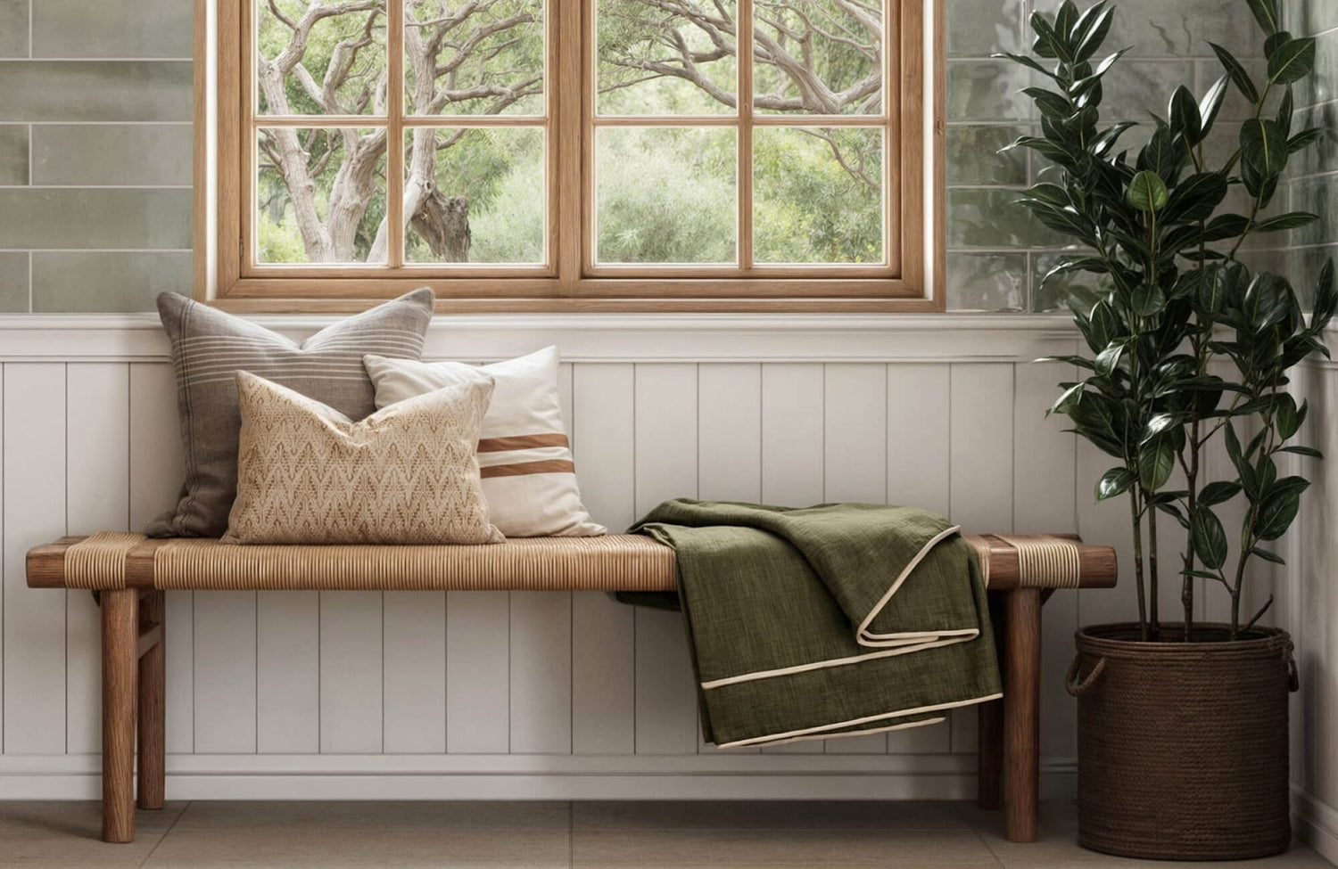 Layered neutral pillows in varied textures and patterns on a woven bench create a balanced, cohesive mix.