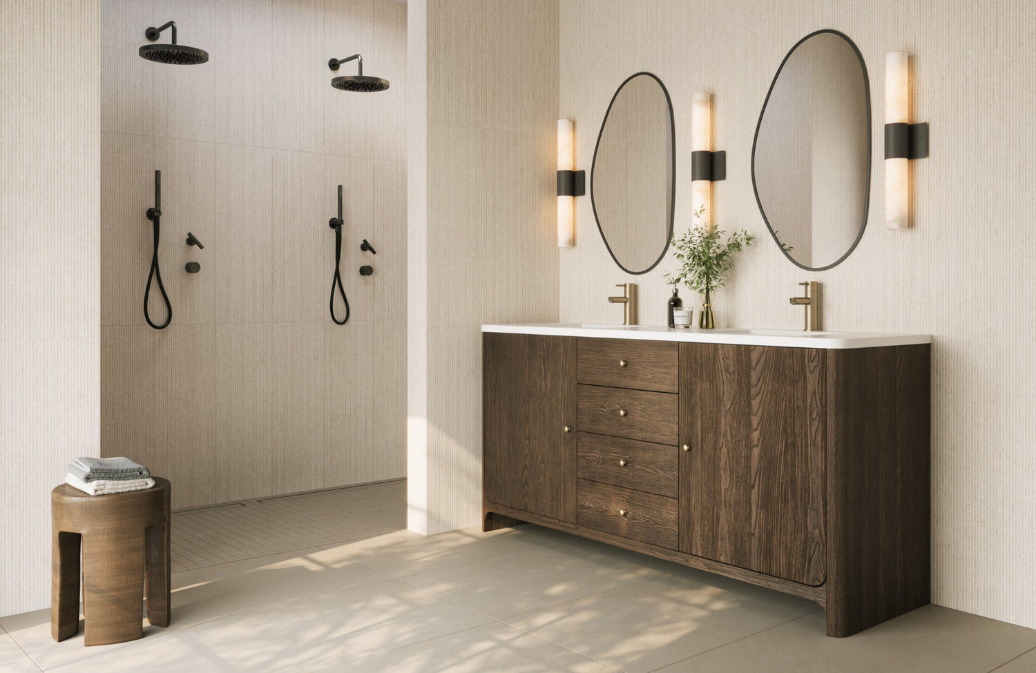 Modern double shower and vanity space with vertical tile grout lines, dark wood cabinets, and soft wall-mounted lighting.