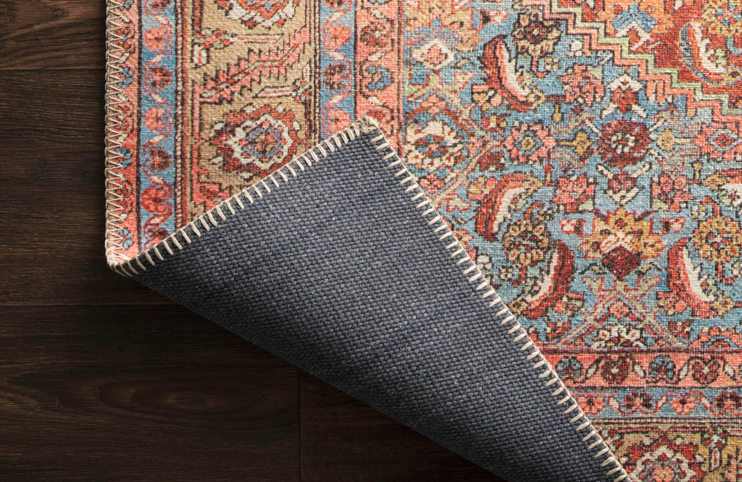 Close-up of a colorful patterned rug corner folded back to show dark gray backing, highlighting detail and structure for proper storage considerations.