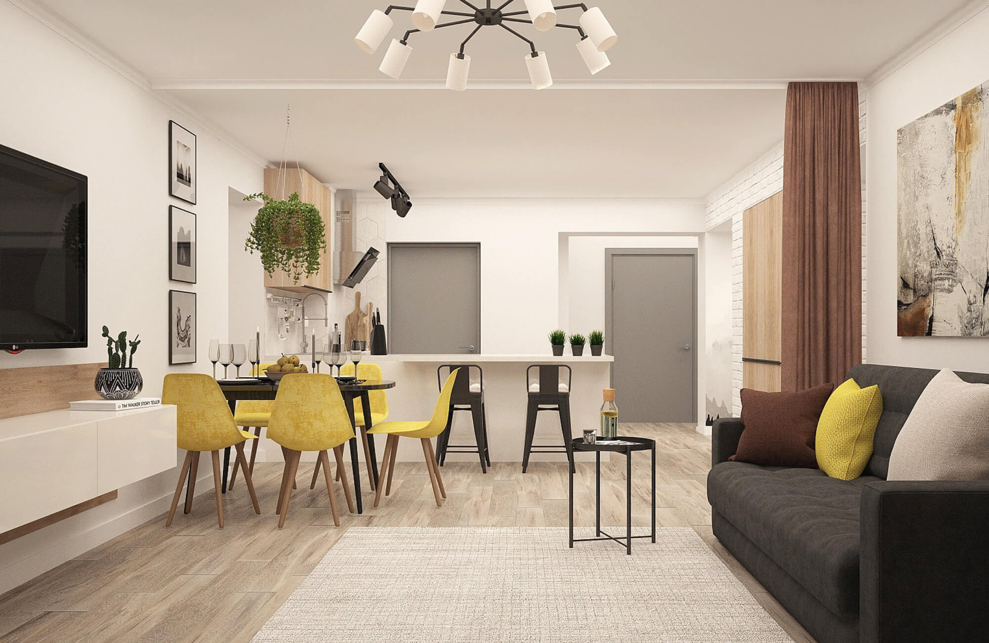 Modern open-plan living space with a 6x9 rug, neutral wood flooring, and sleek minimalist décor.