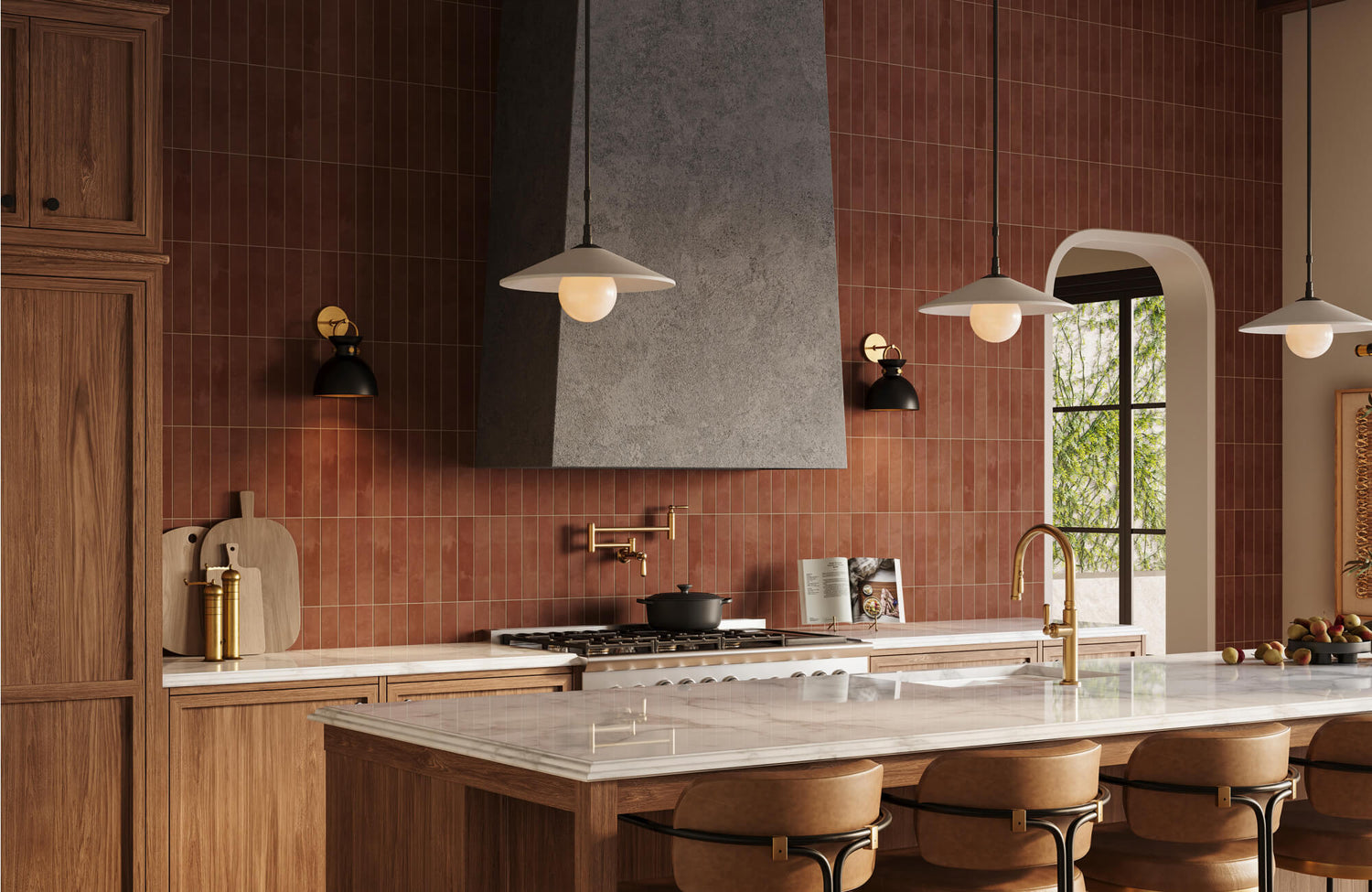 Warm kitchen with rustic subway tile backsplash, wood cabinetry, black sconces, trio pendant lights, and marble island with bar stools.