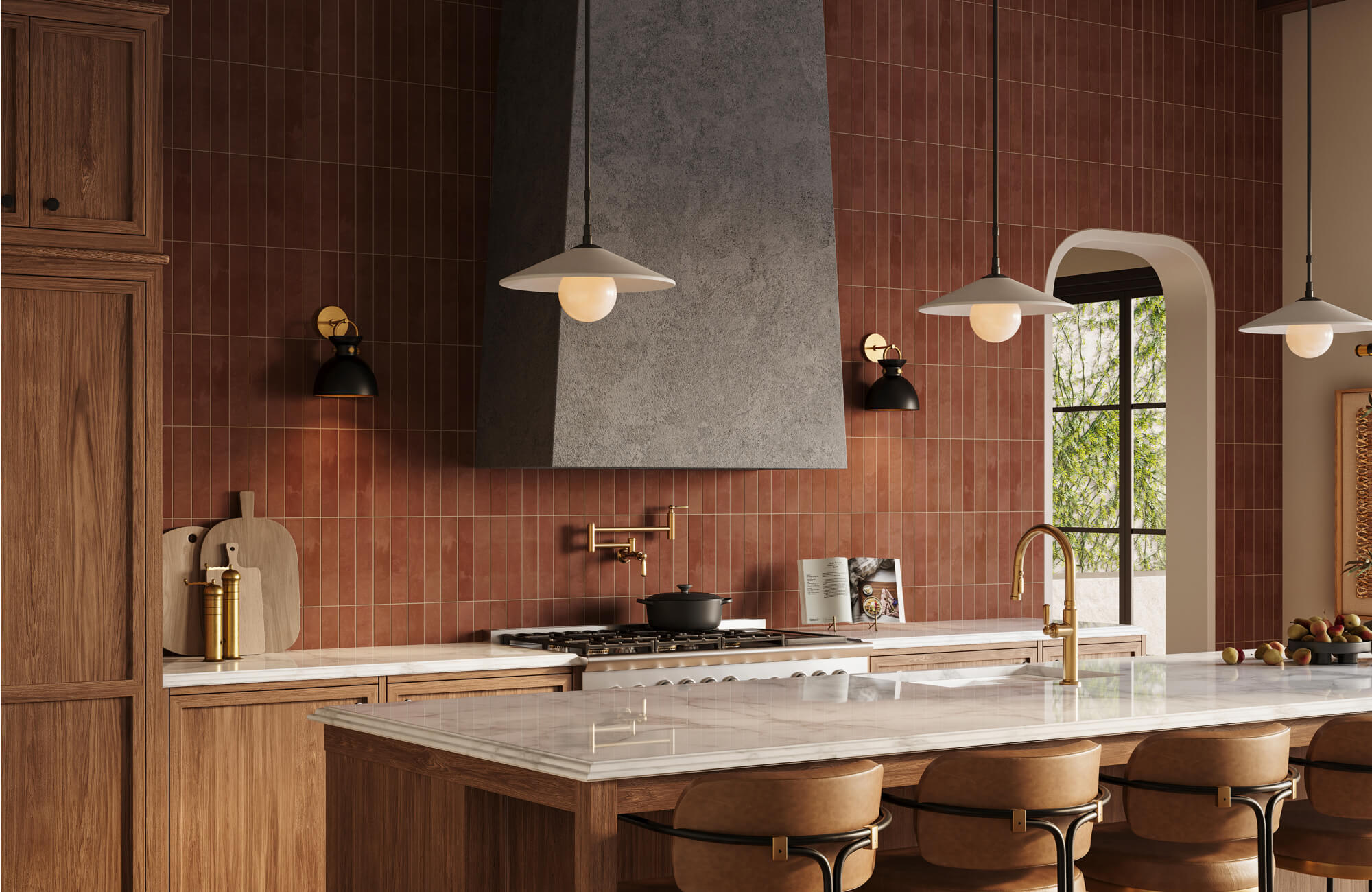 Warm kitchen with rustic subway tile backsplash, wood cabinetry, black sconces, trio pendant lights, and marble island with bar stools.