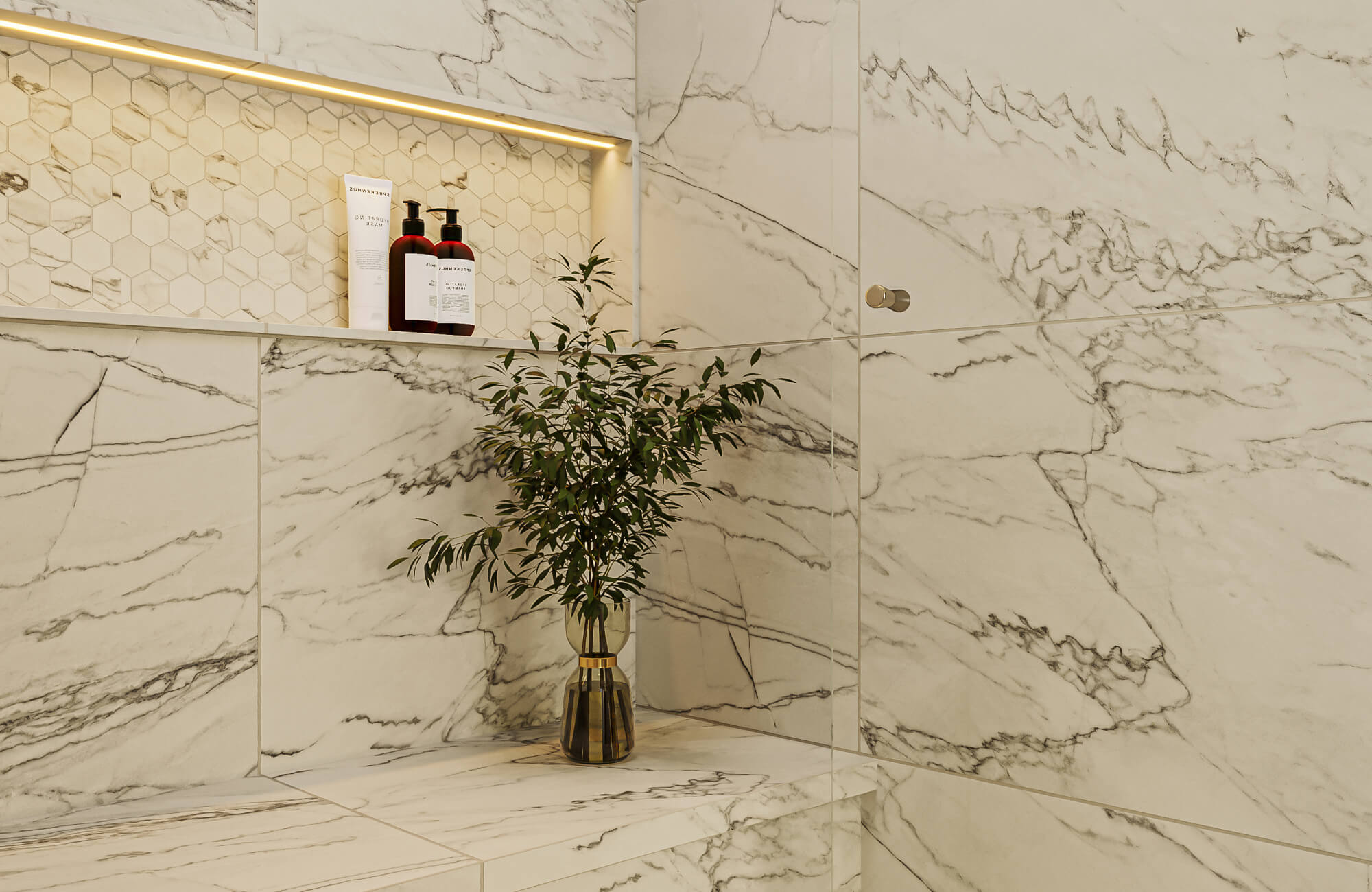Close-up view of veined marble-look wall tiles with bold gray veining and recessed niche, creating a refined spa-like shower setting.