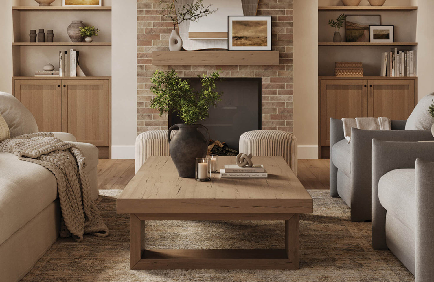 A warm neutral living room featuring a fireplace surround clad in beige subway tiles, complemented by a natural wood mantel, built-in shelving, and layered organic textures for a cozy modern aesthetic.