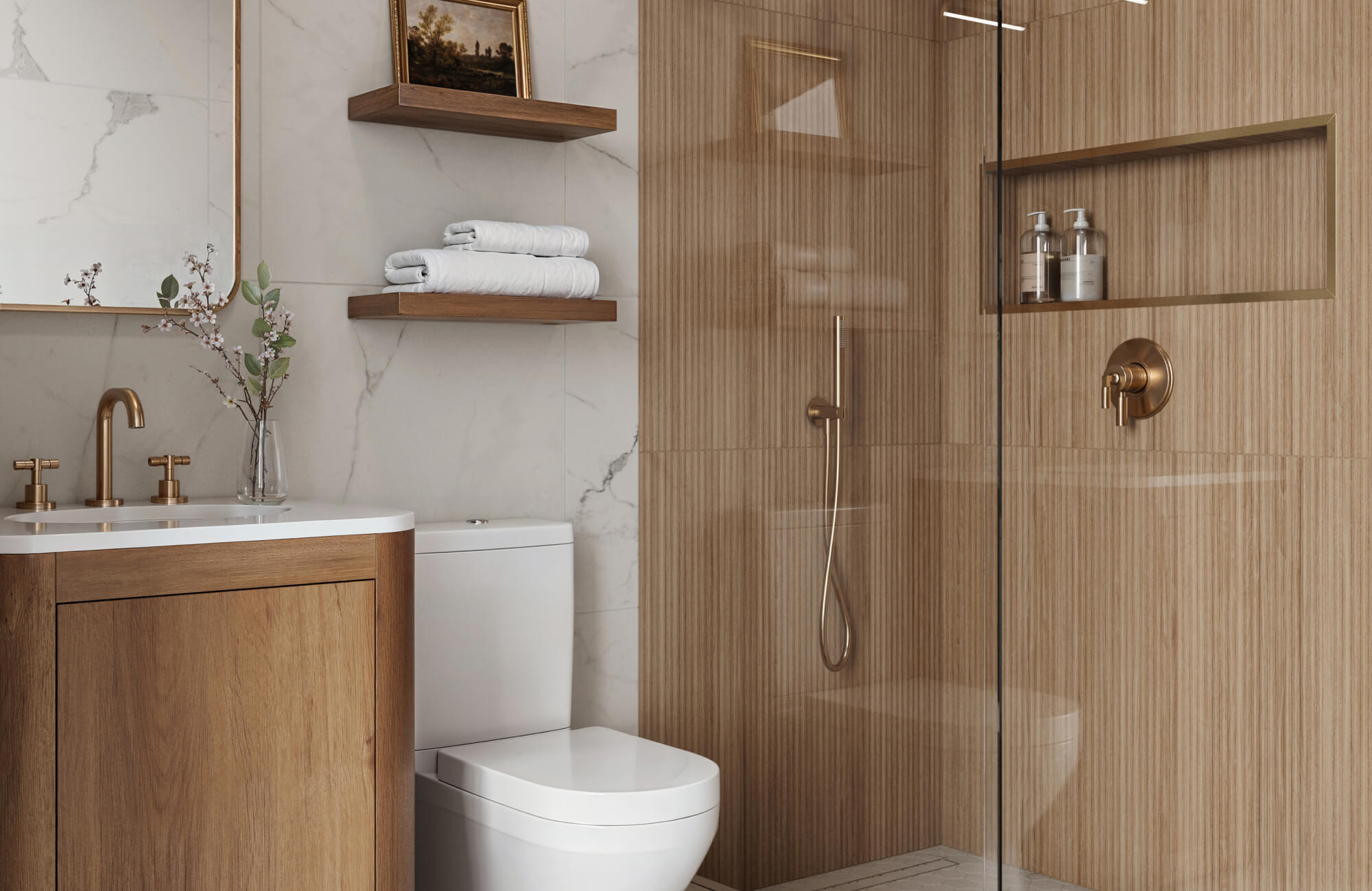 Ceramic tiles with a wood-inspired finish wrap the shower area, creating a spa-like bathroom atmosphere that blends warm tones, minimal shelving, and refined fixtures.