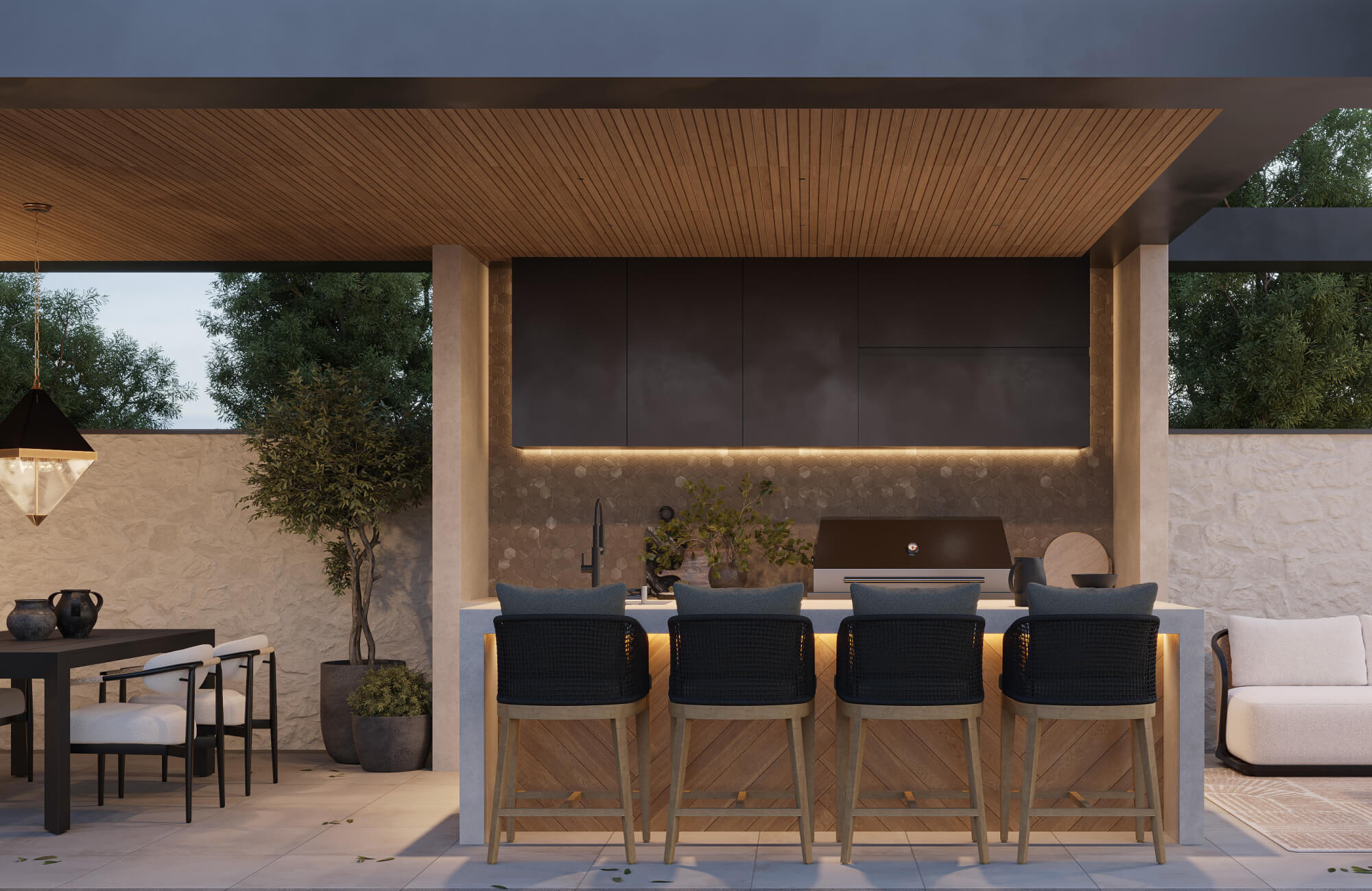 Modern outdoor kitchen and bar area featuring large-format wood look tile flooring in a light neutral tone