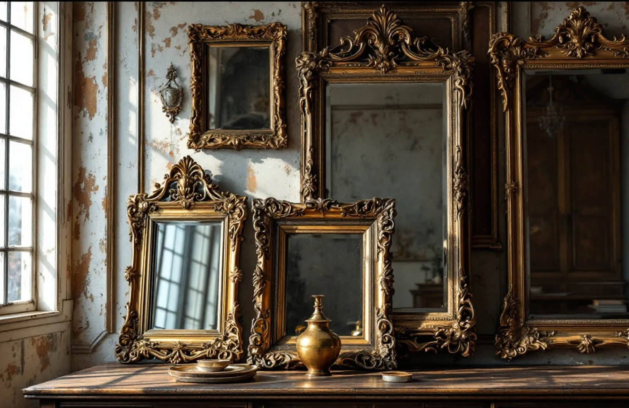 Collection of antique gold-framed mirrors leaning against a distressed wall, styled with vintage decor for an aged, romantic atmosphere.