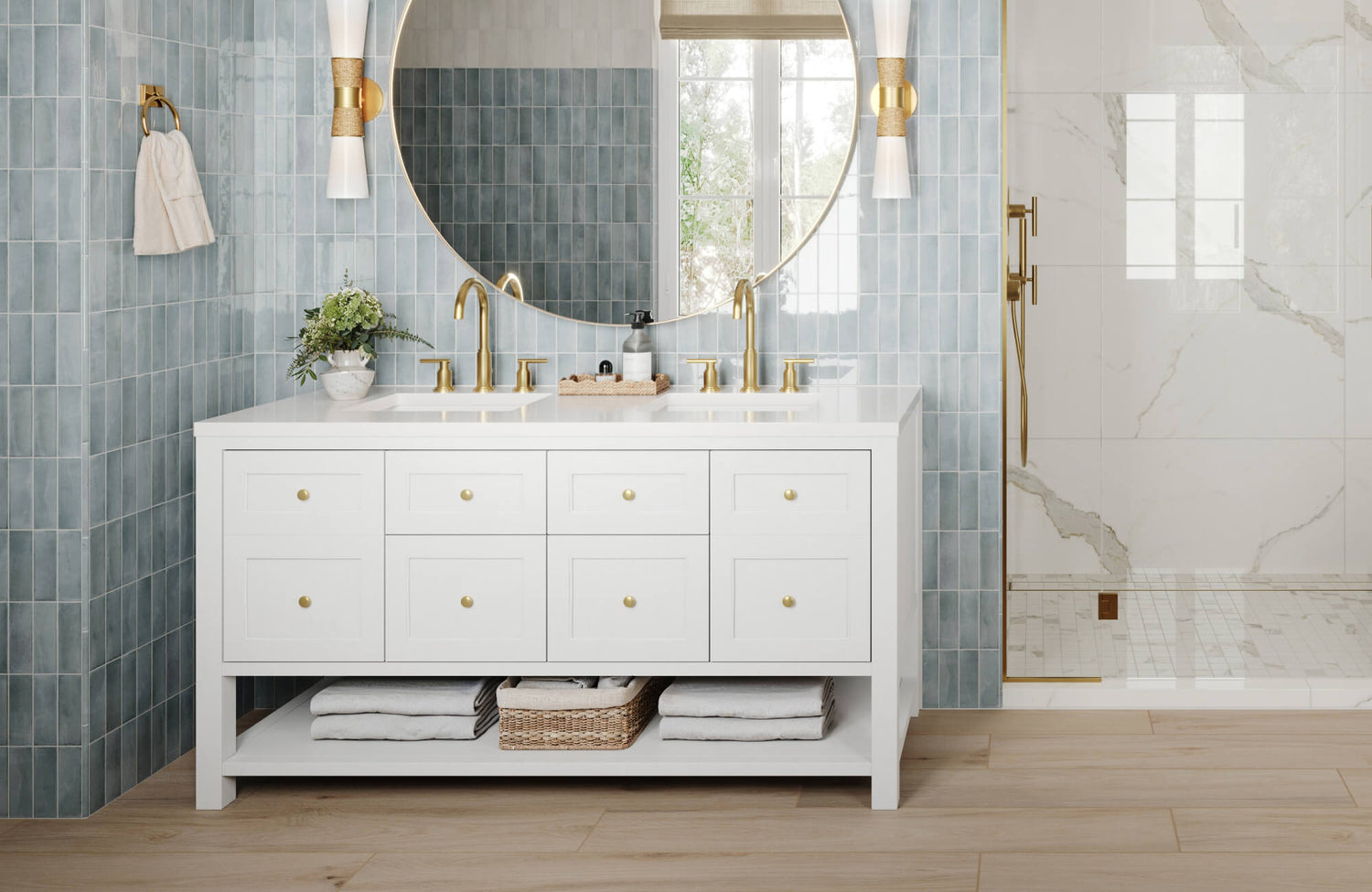 Bright bathroom with glossy vertical blue tiles, white vanity, and gold fixtures for a crisp coastal-inspired aesthetic.