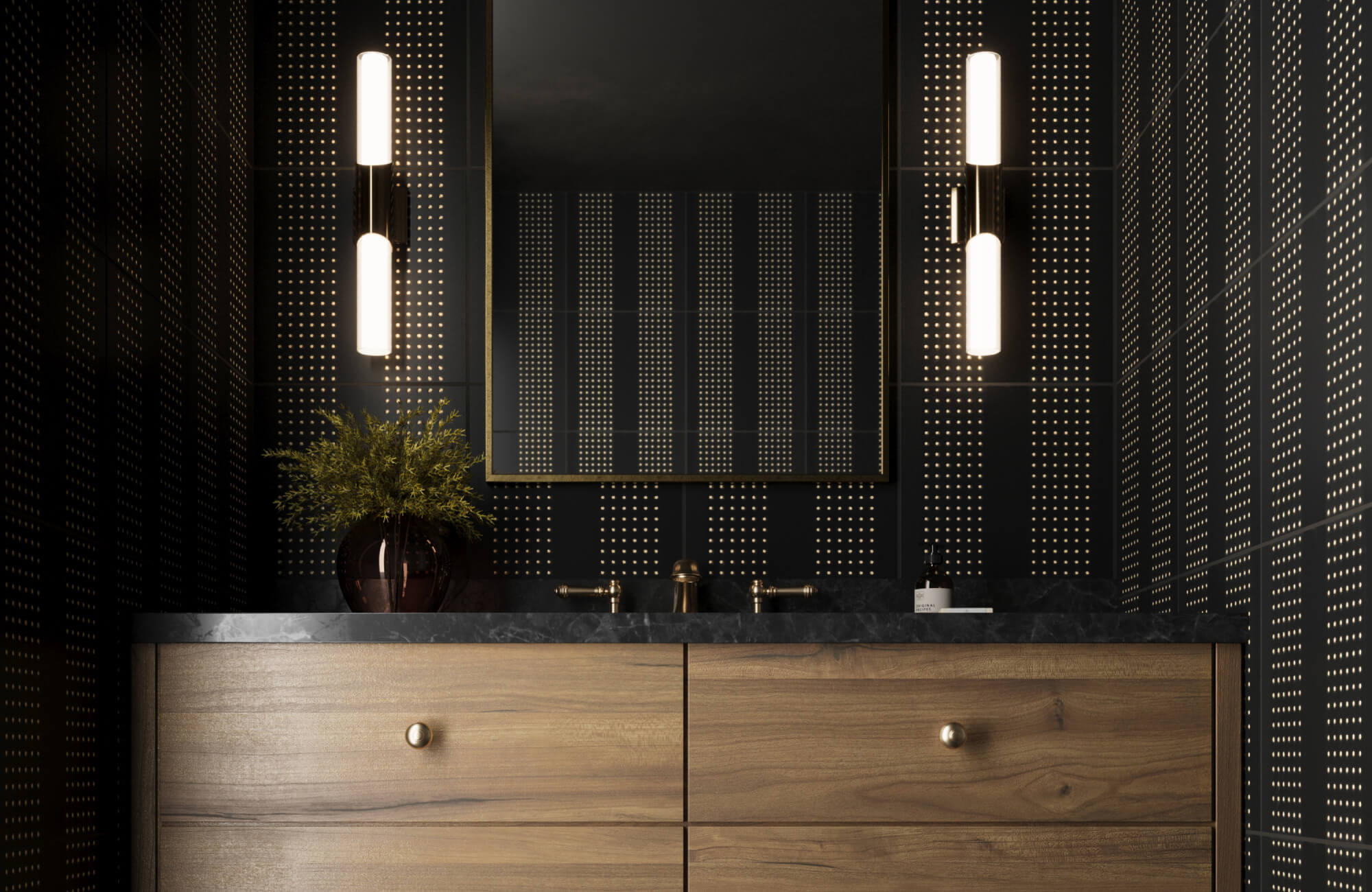Modern black bathroom with vertical dot-patterned tiles, warm wood vanity, and sleek brass fixtures under soft lighting.