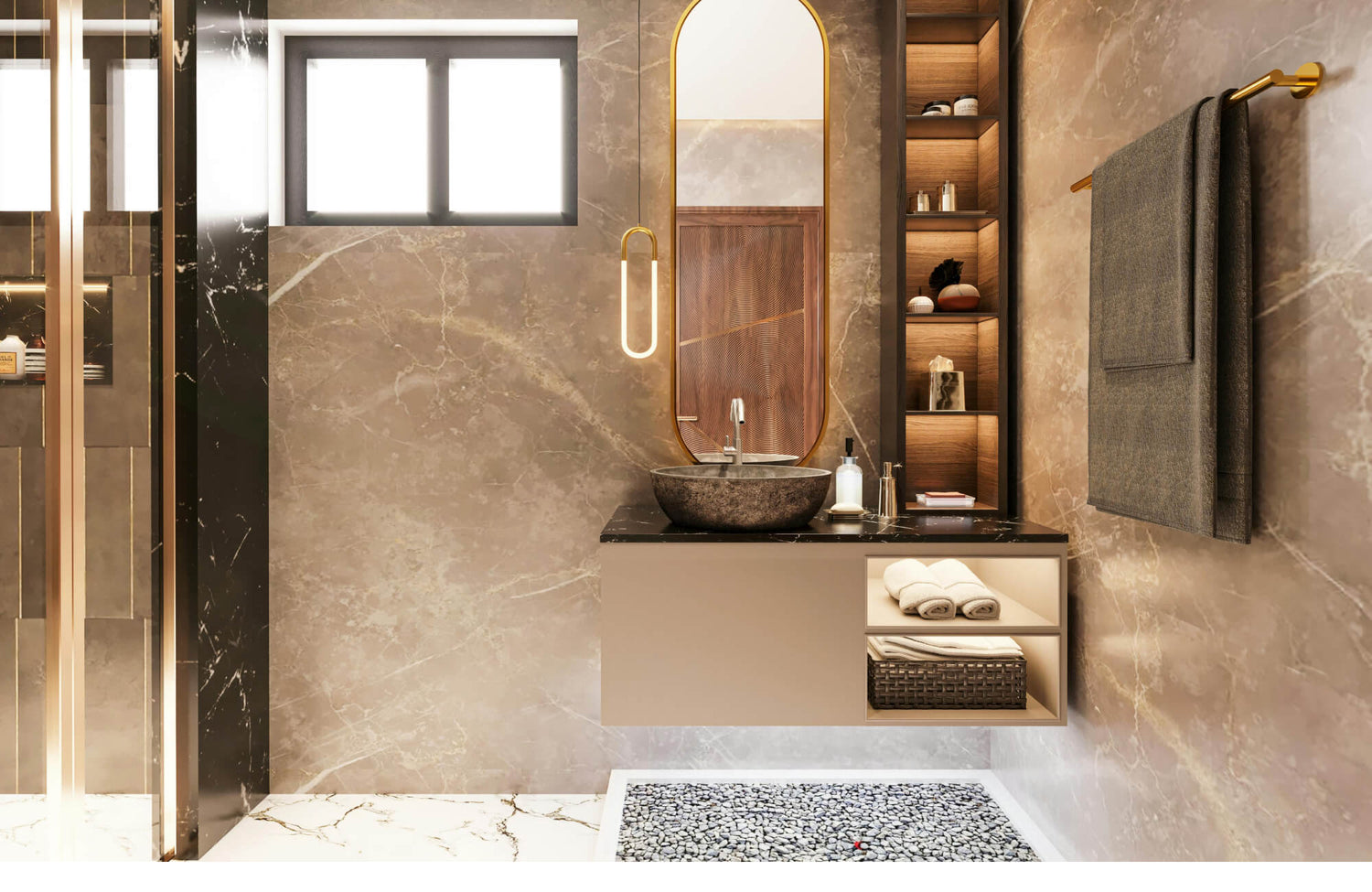 Warm contemporary bathroom showcasing a sleek floating vanity with storage, featuring open shelving, a stone vessel sink, and soft integrated lighting that enhances both functionality and visual elegance.